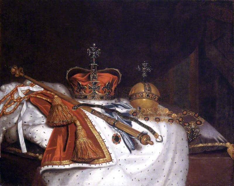 a painting of a crown and jewels placed on a white linen on a table