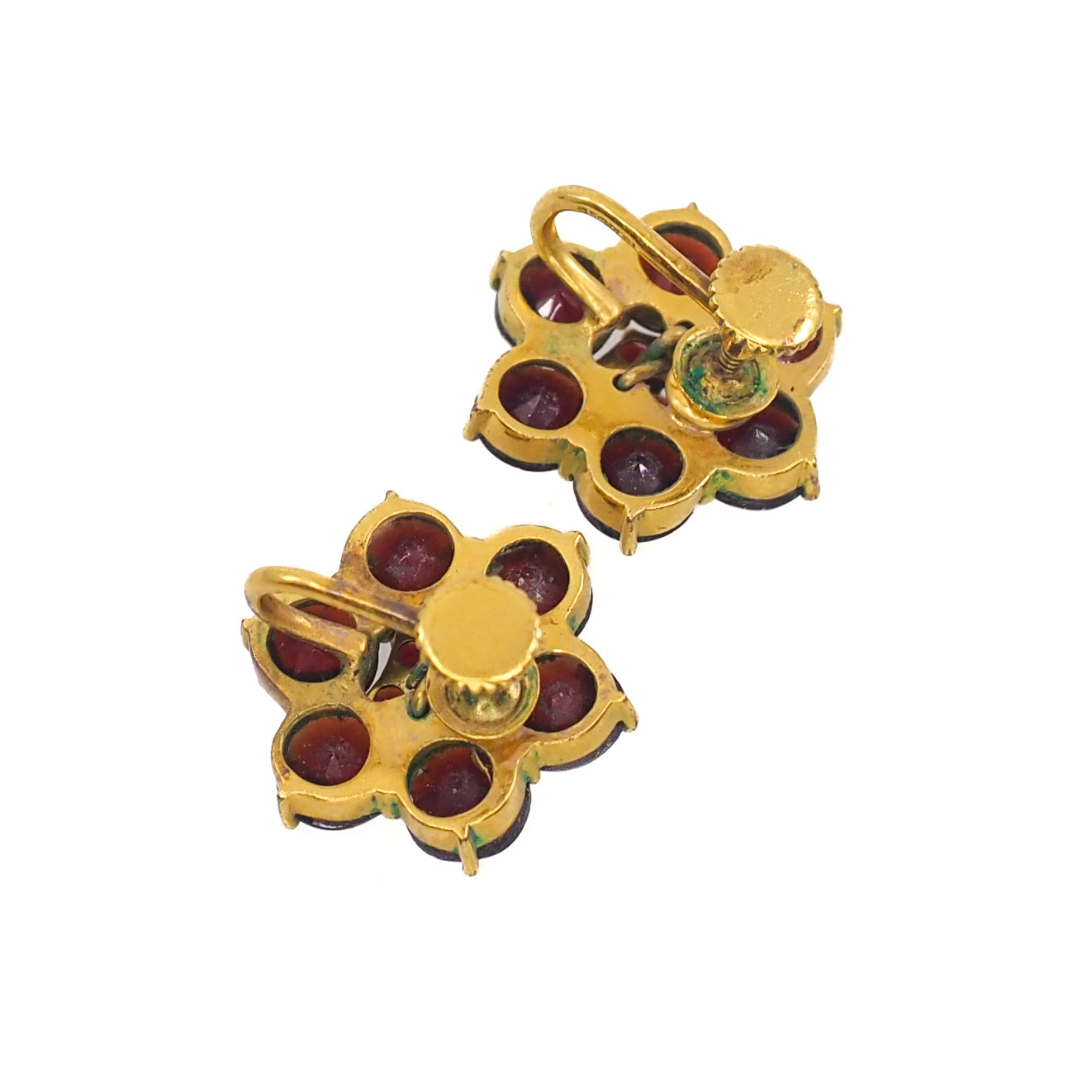 Vintage 1950s GERMANY Red Rose Cut Garnet and Gold Wash Cluster Screw Back Earrings