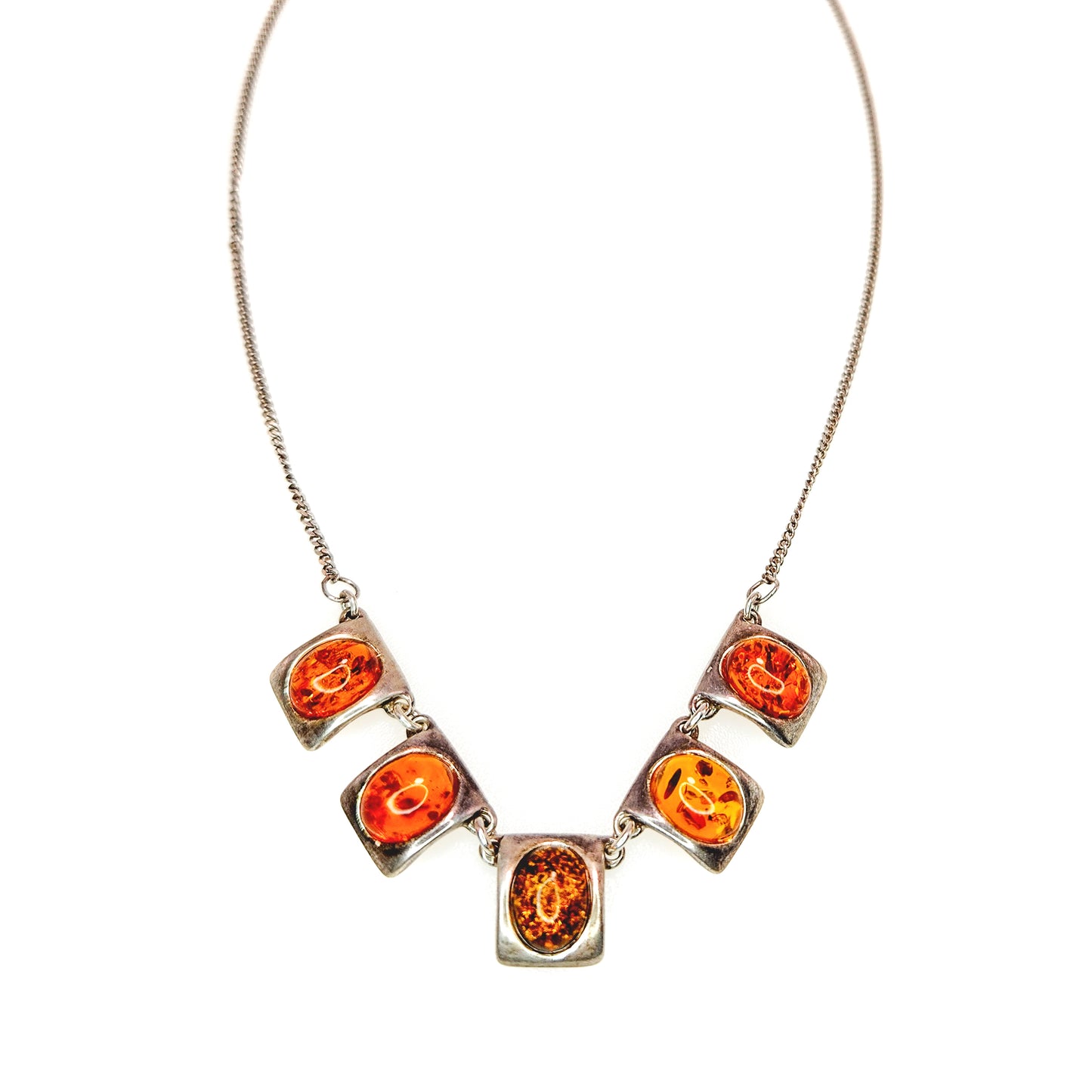 Vintage 1990s Sun-Spangled Amber and Sterling Silver Bib Choker 17.5" Necklace