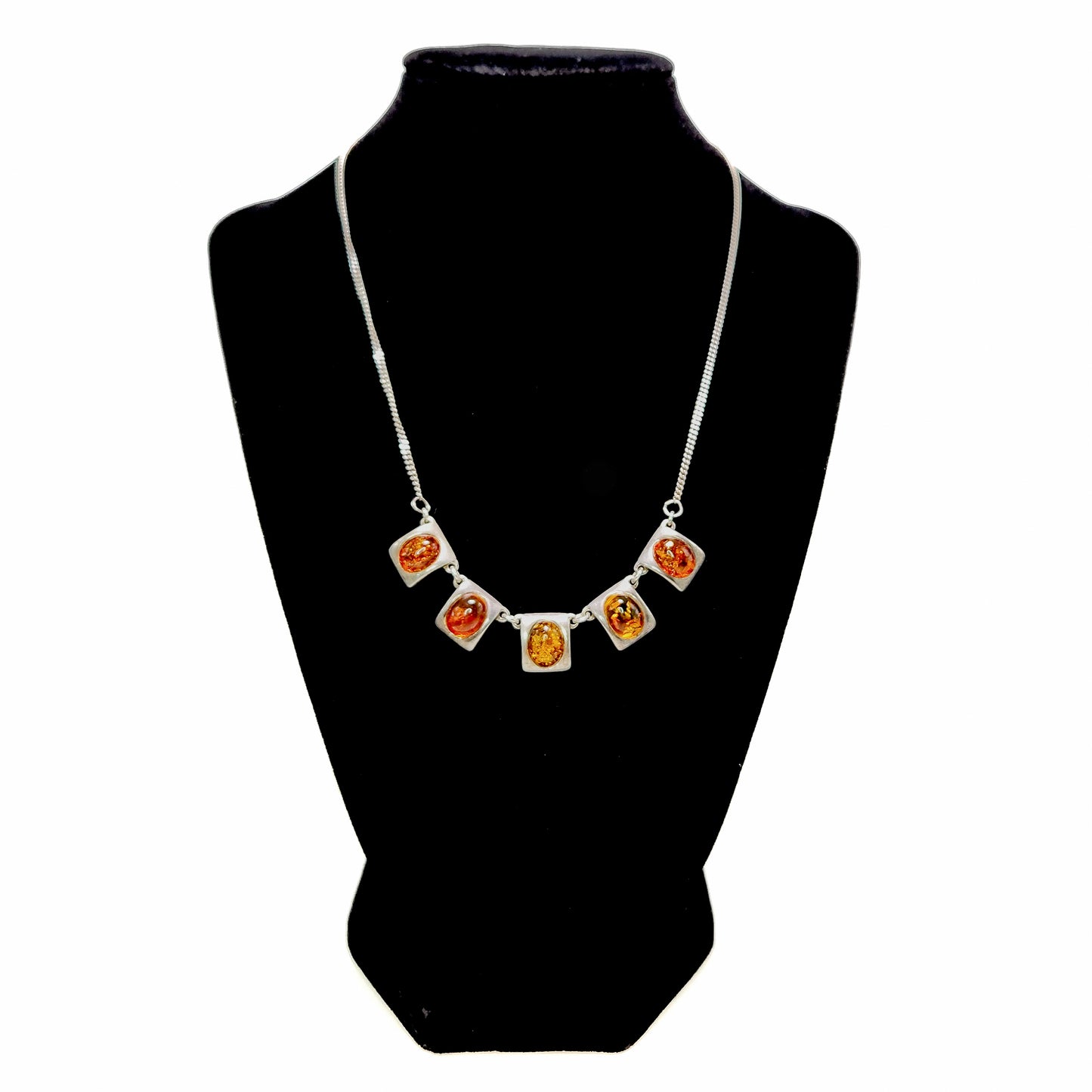 Vintage 1990s Sun-Spangled Amber and Sterling Silver Bib Choker 17.5" Necklace