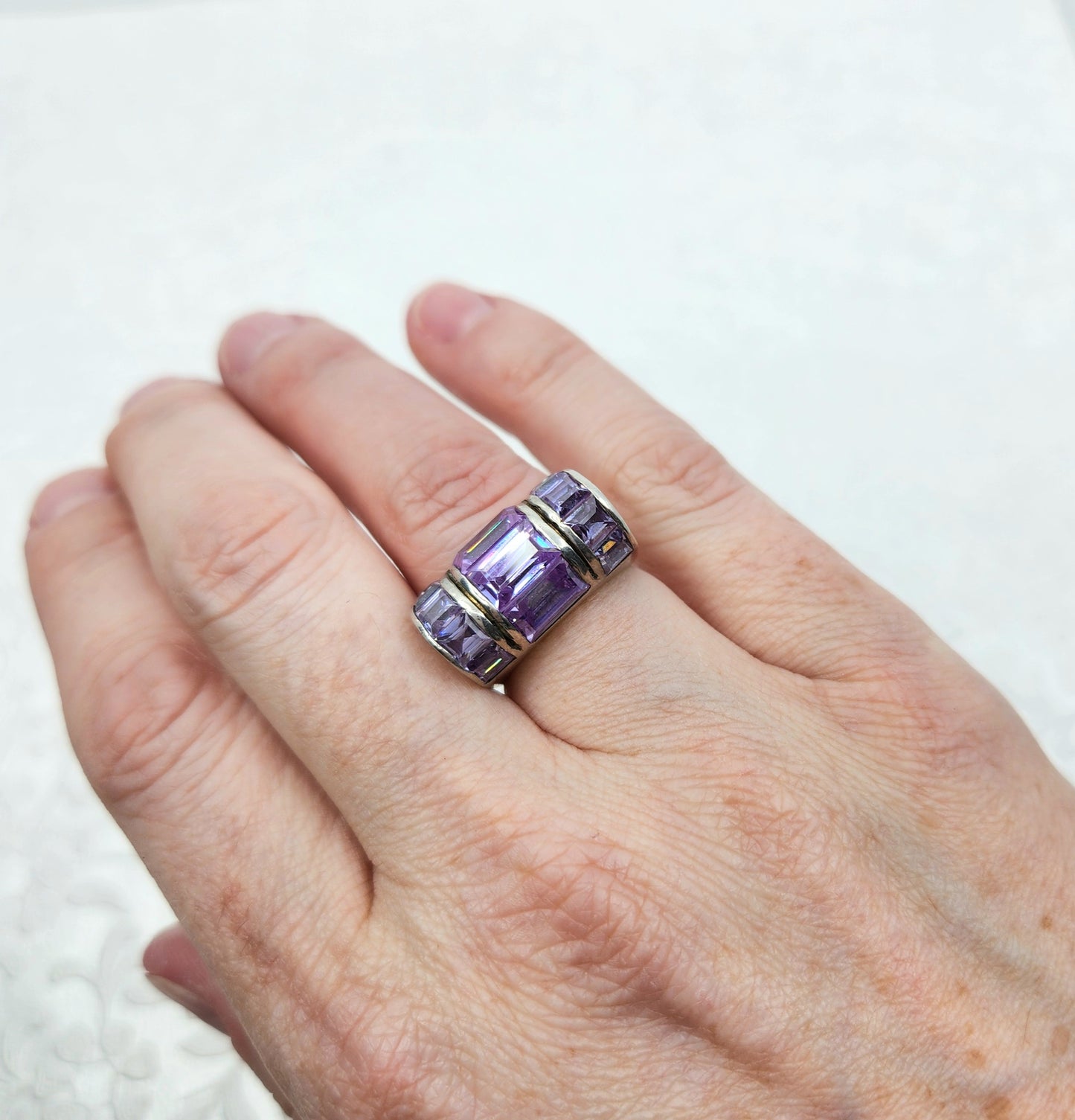 Vintage 1990s Purple Leaded Glass and Sterling Silver Statement Ring Size 6