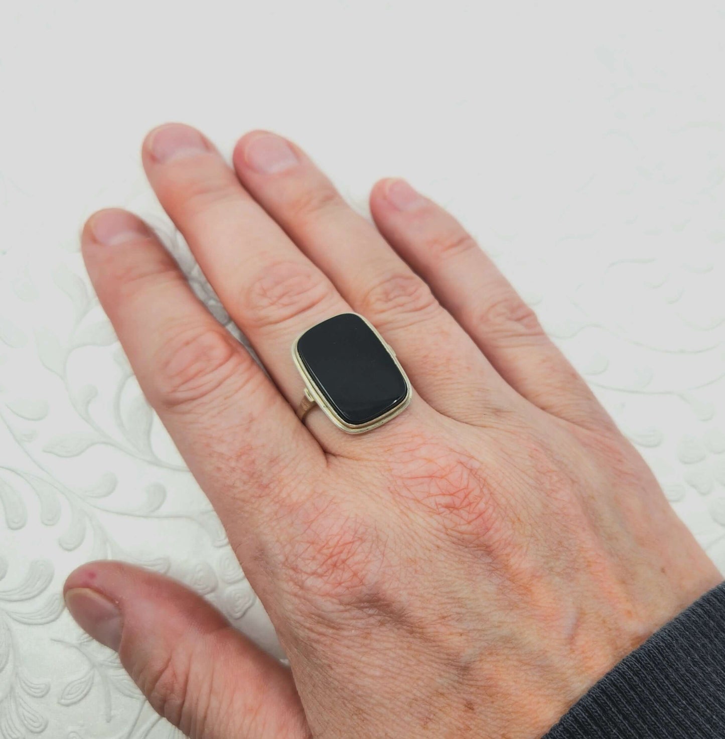 Vintage 1960s Black Onyx and 835 Silver Solitaire Ring Size 7.75