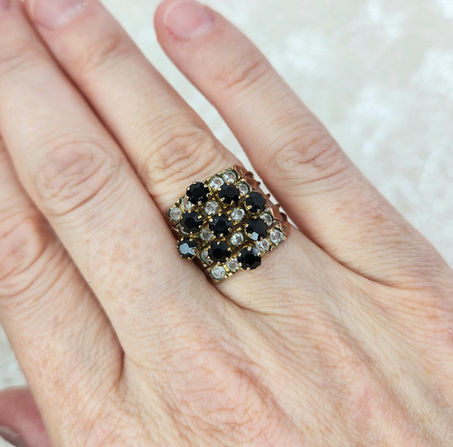 Vintage 1950s Black and Clear Paste 5-Band Gold Filled Cocktail Statement Ring Size 7.5