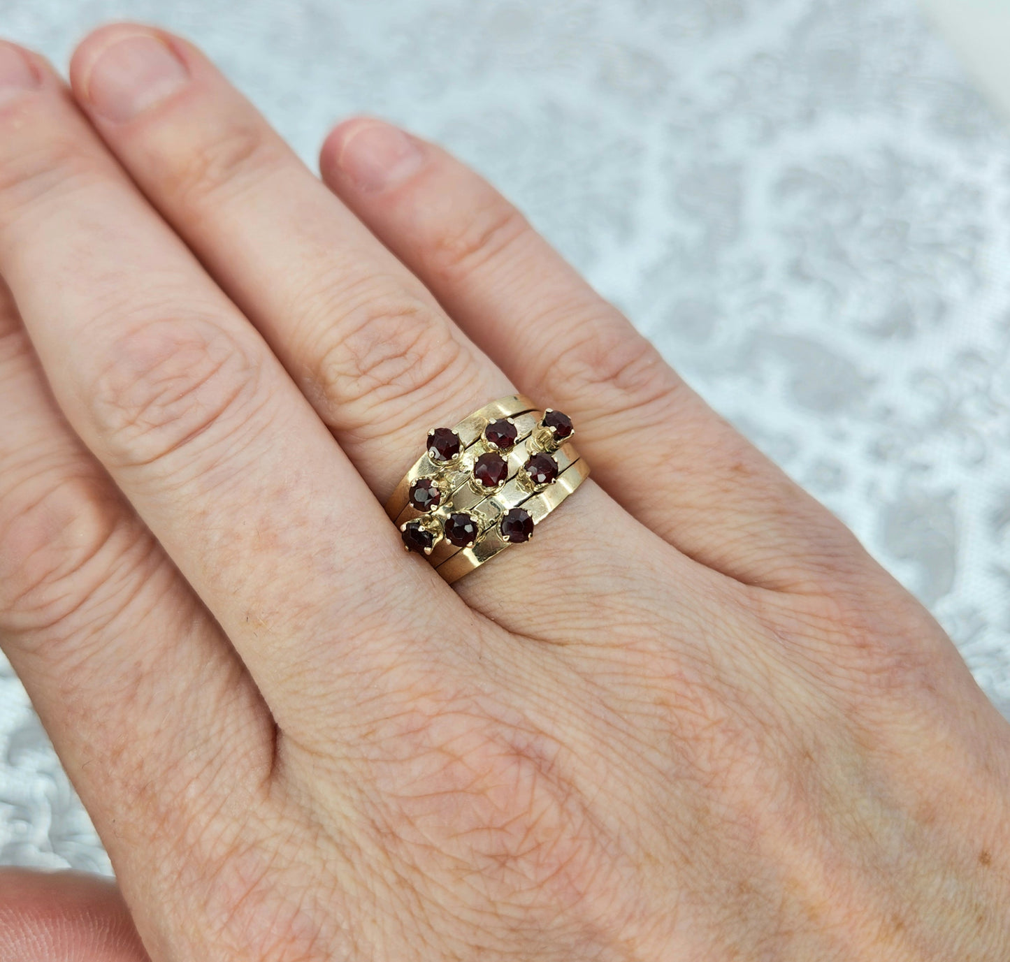 Vintage 1950s Red Garnet and 14K Five Band Harem Statement Ring Size 8