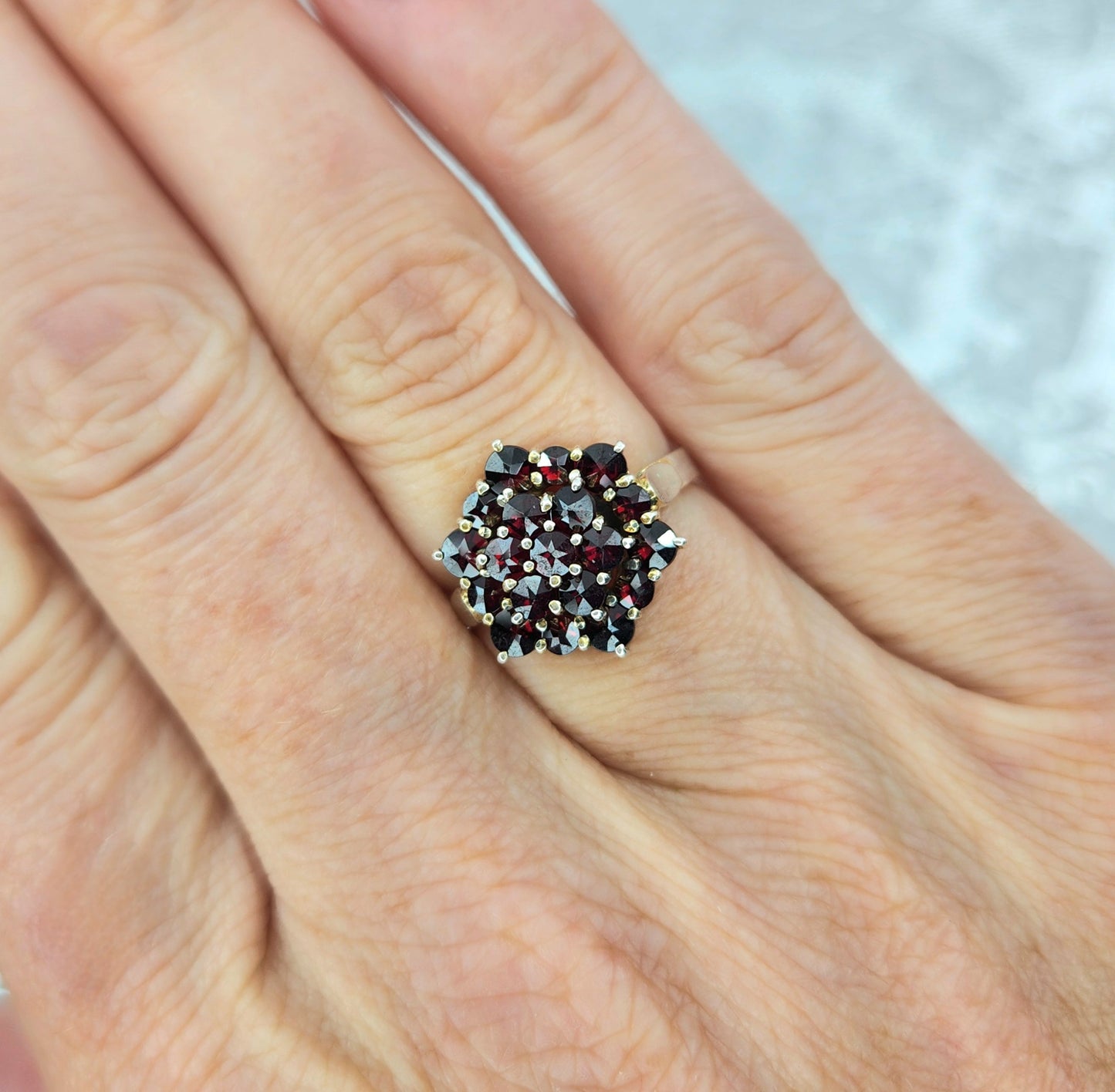 Vintage 1940s Rose Cut Bohemian Garnet Cluster Gold Washed 900 Silver Ring Size 7