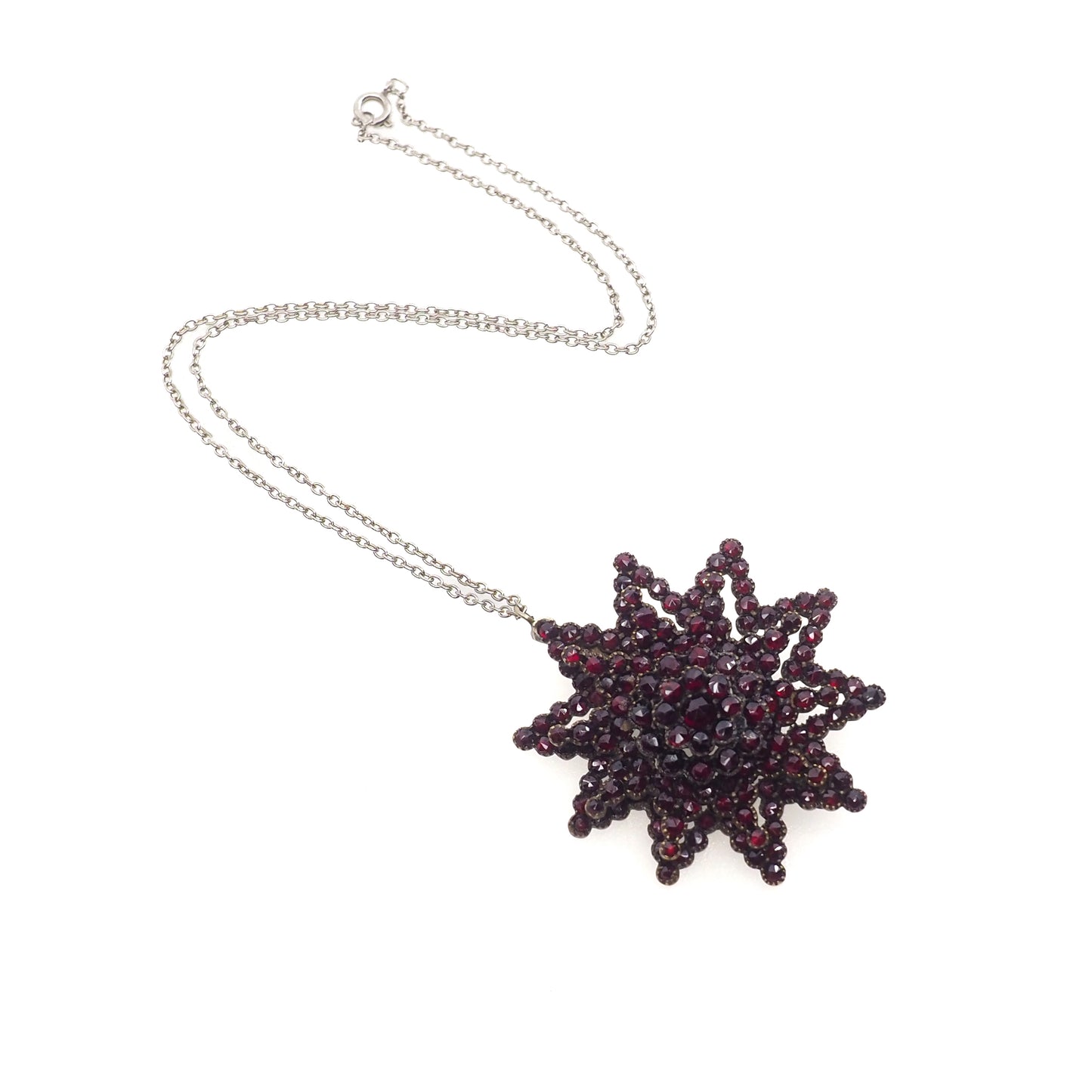 Antique 1890s Victorian Bohemian Garnet and Gilt Starburst Pin and Pendant Combo 16" Necklace