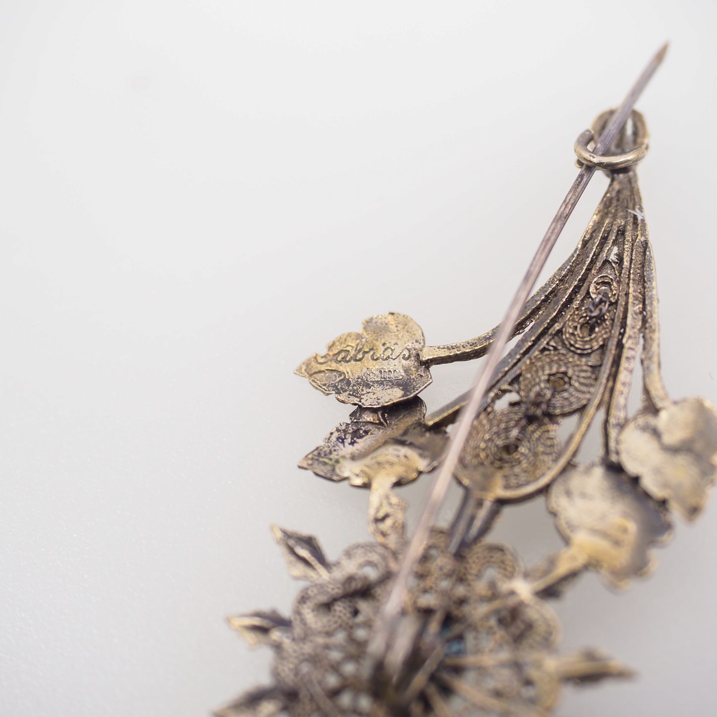 Antique 1890s Late Victorian 800 Silver, Turquoise, Imitation Pearl Floral Spray Brooch