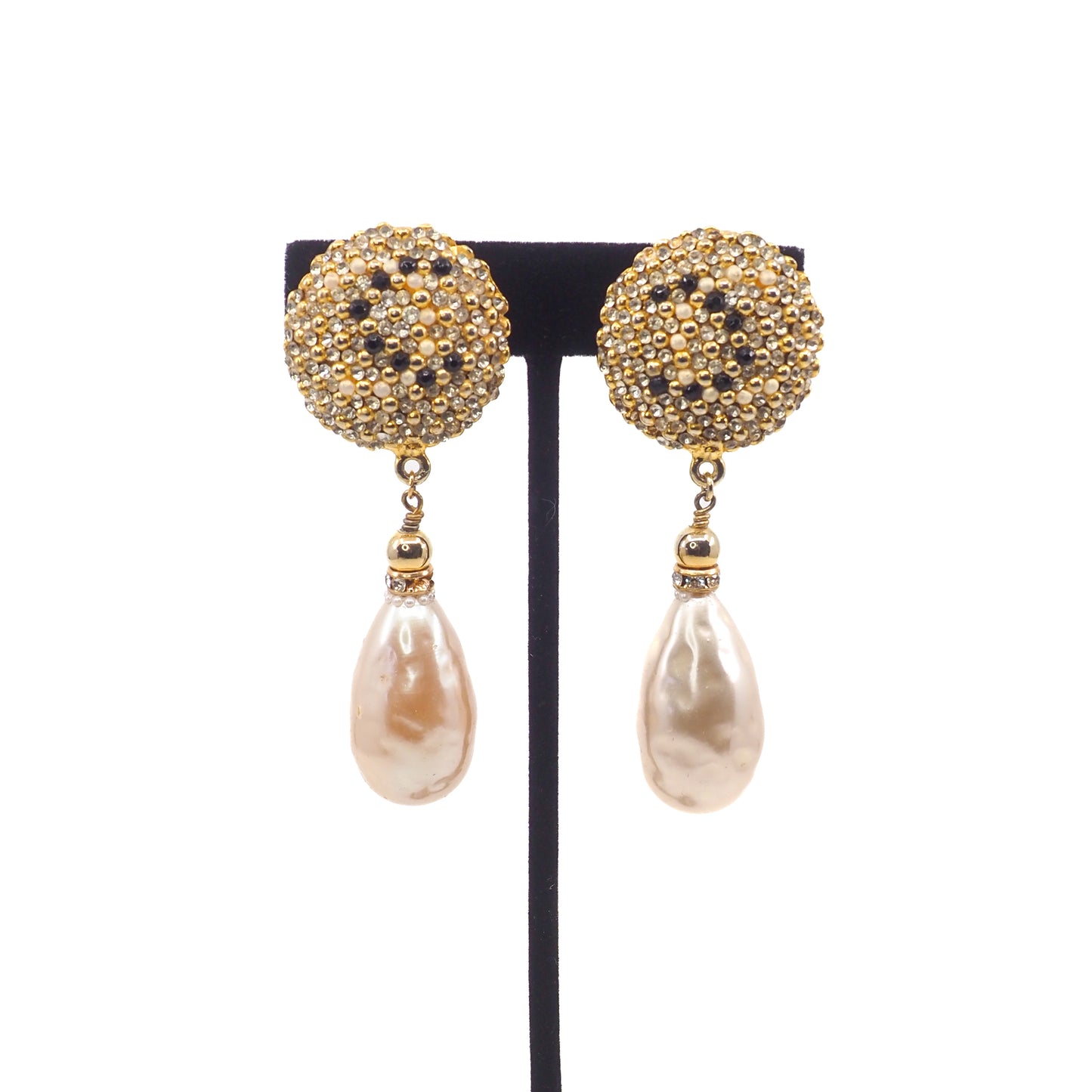 Vintage 1990s Chanel Imit. Pearl & Rhinestone Clip Earrings w/ Box AS IS Repair