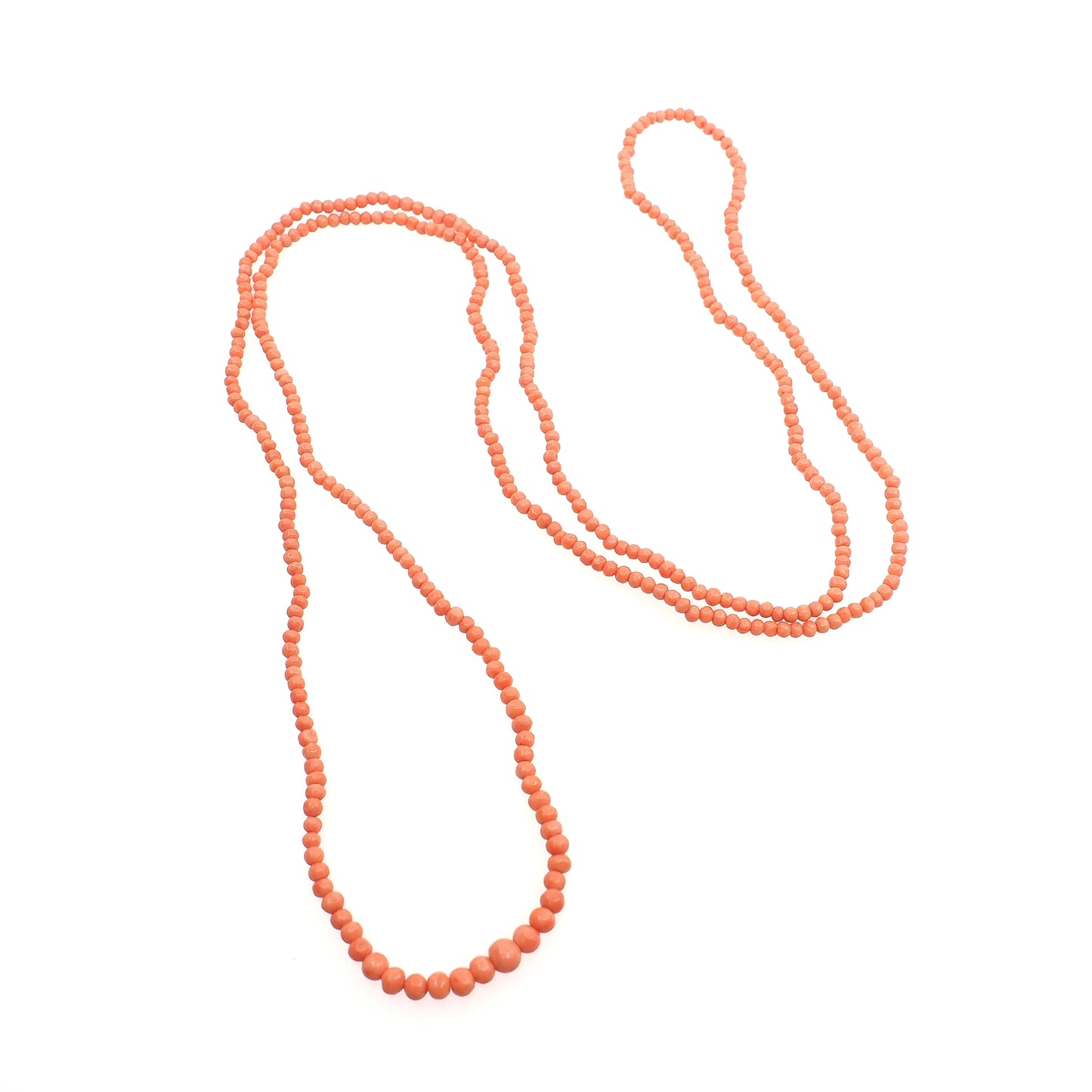 Antique 1880s Late Victorian Hand Carved Salmon Coral Graduated Long Bead Strand 44" Necklace
