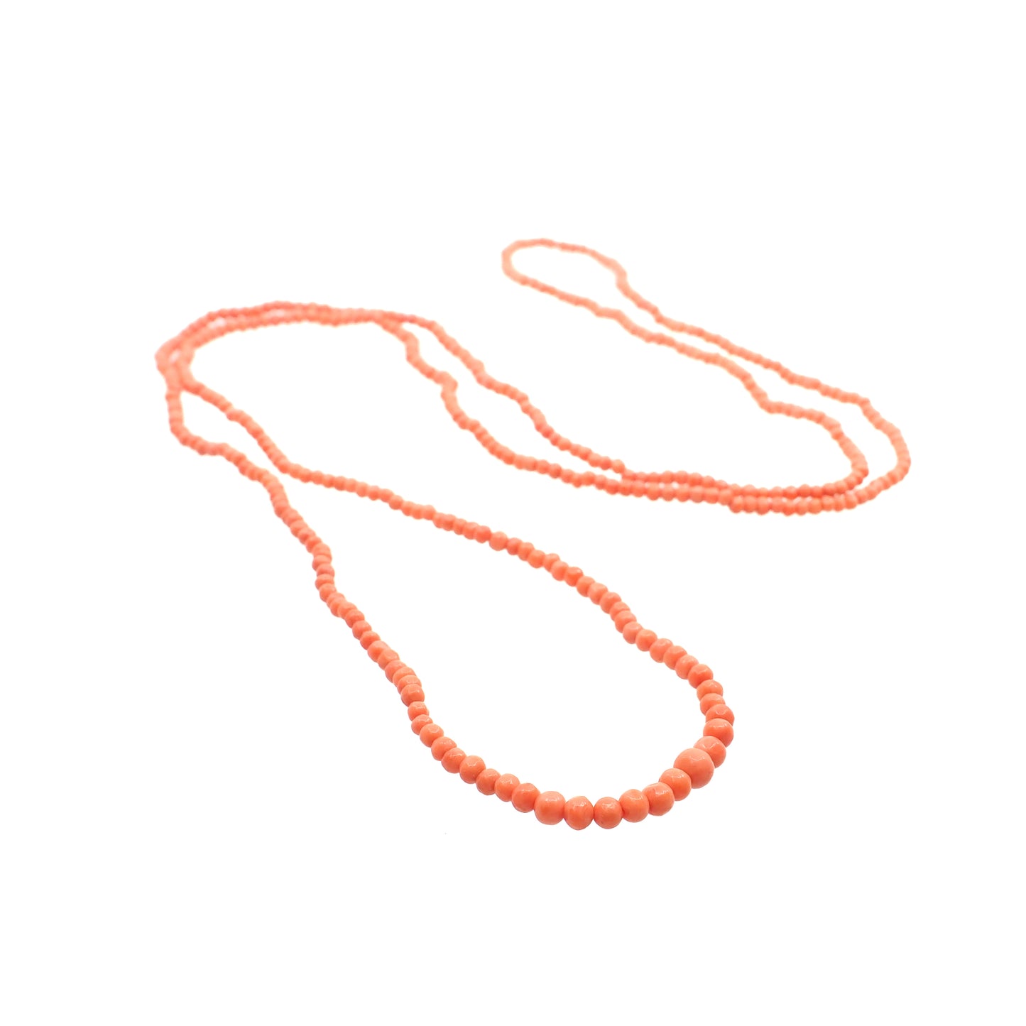 Antique 1880s Late Victorian Hand Carved Salmon Coral Graduated Long Bead Strand 44" Necklace