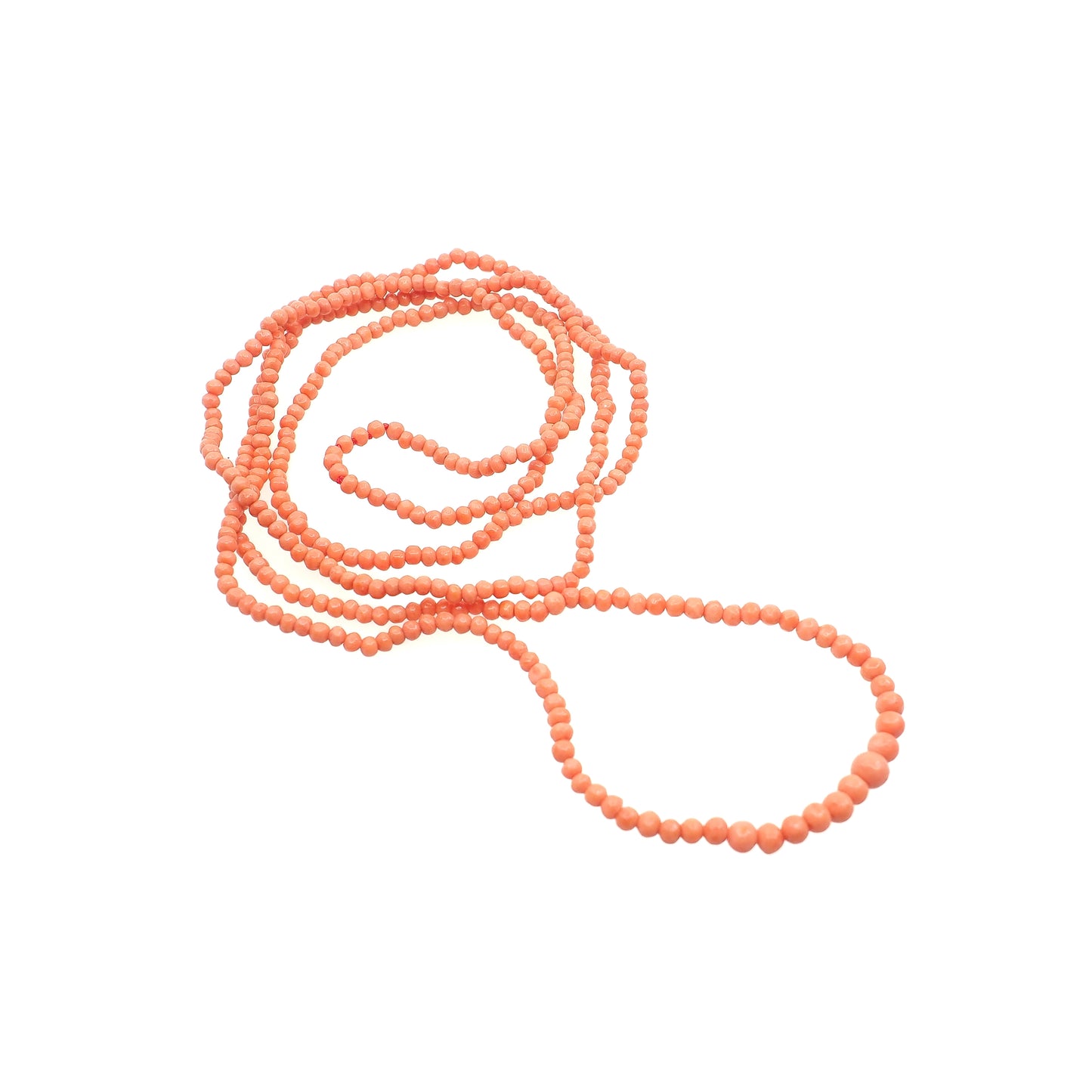 Antique 1880s Late Victorian Hand Carved Salmon Coral Graduated Long Bead Strand 44" Necklace