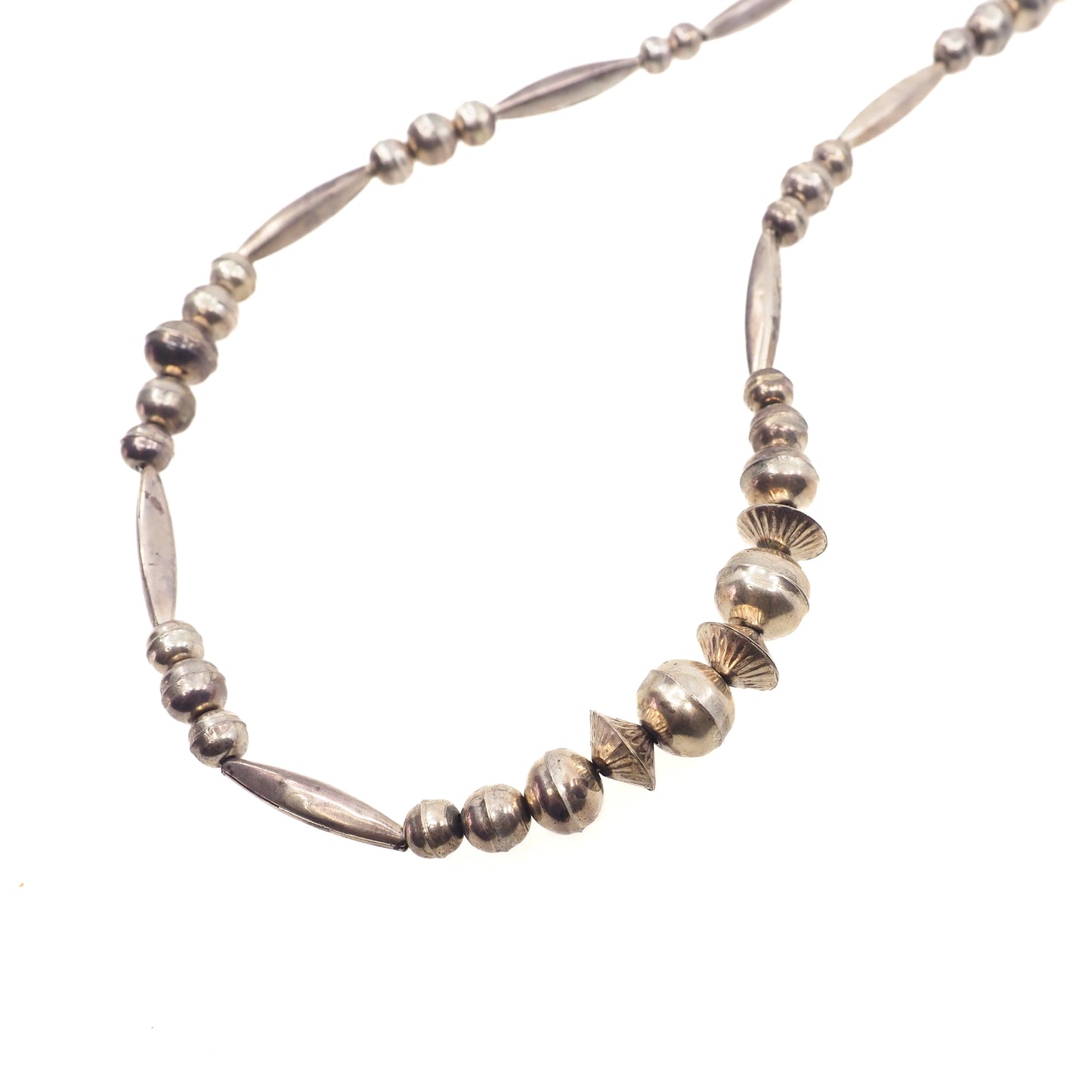 Vintage 1970s Sterling Silver Navajo Native American Hand Made Bead Single Strand 28.5" Necklace