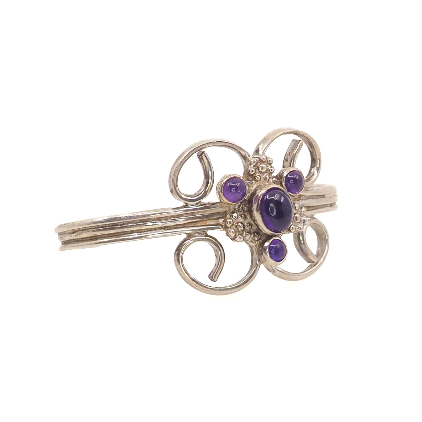 Vintage 1990s Amethyst and Sterling Silver Swirled Flower Cuff 6.5" Bracelet - 90s Purple Amethyst, Silver Statement Cuff