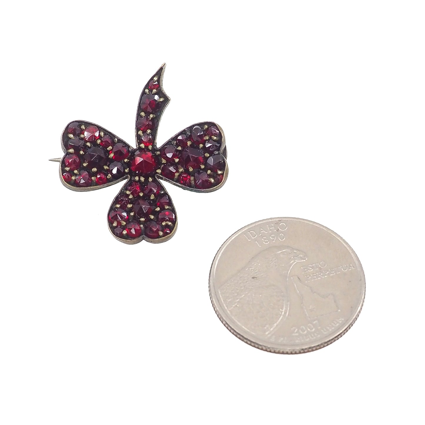 Antique 1900s Edwardian Bohemian Garnet Rose Cut Pyrope Red Garnet Three Leaf Clover Shamrock Luck Pin Brooch