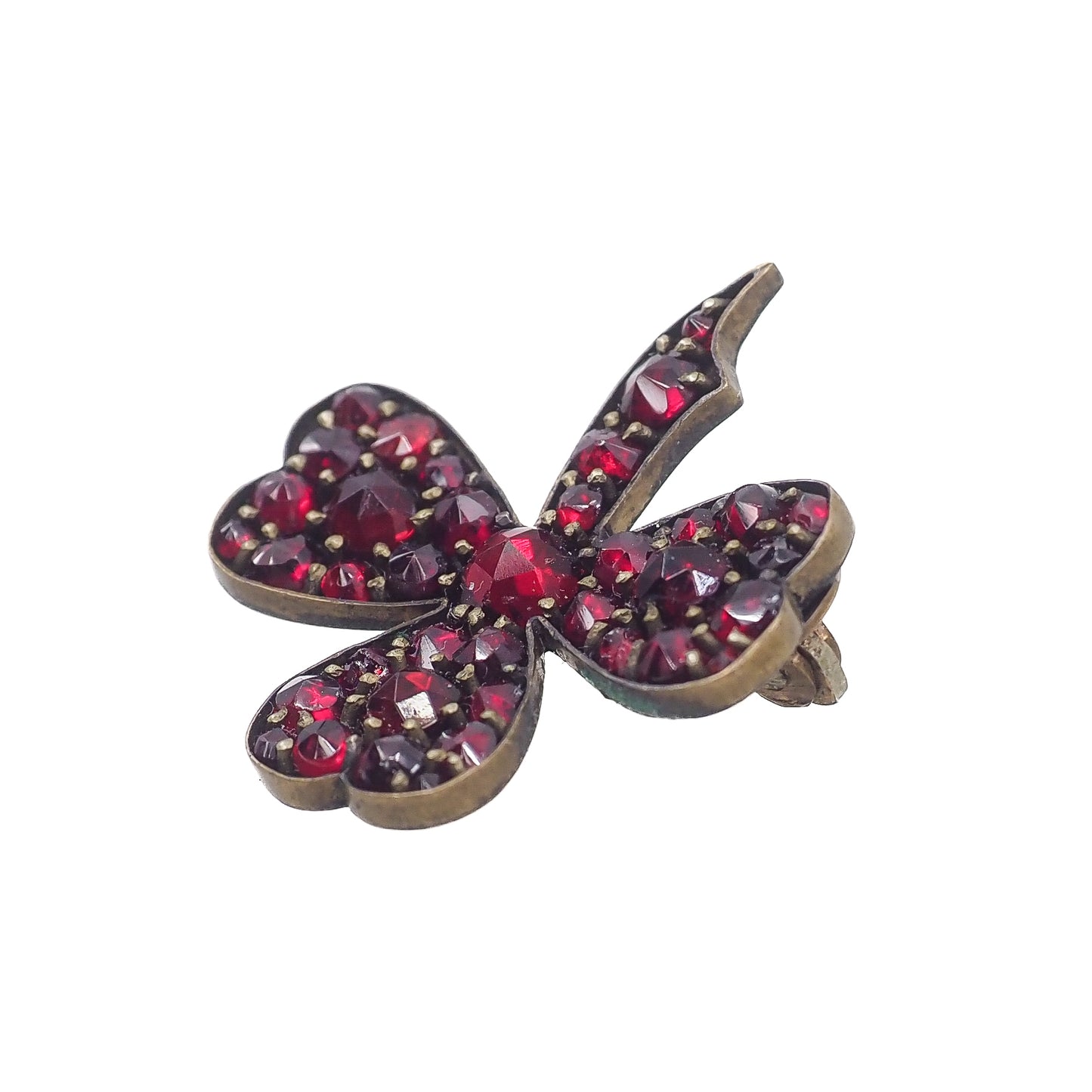 Antique 1900s Edwardian Bohemian Garnet Rose Cut Pyrope Red Garnet Three Leaf Clover Shamrock Luck Pin Brooch