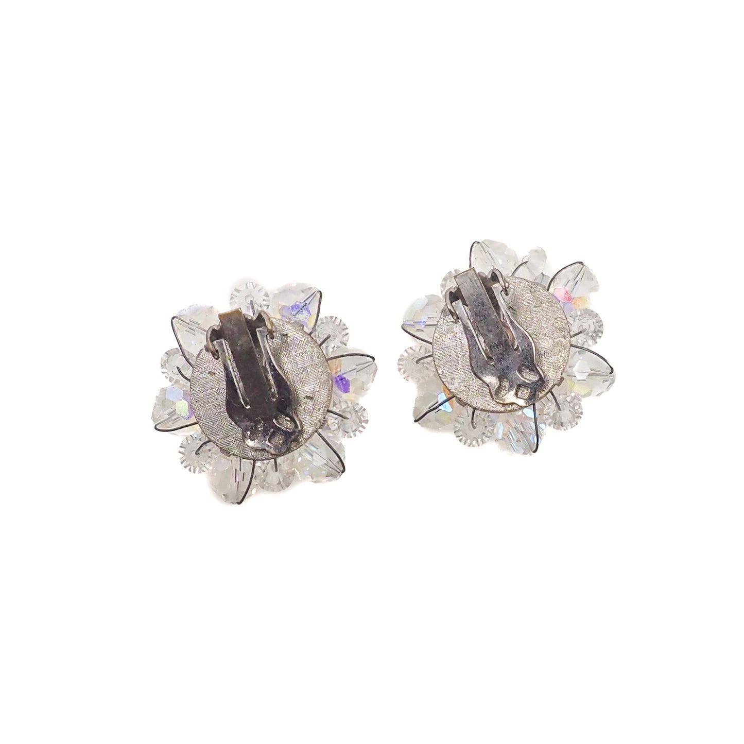 Vintage 1960s Clear Rainbow Aurora Borealis Beaded Silver Plated Cluster Clip-On Earrings