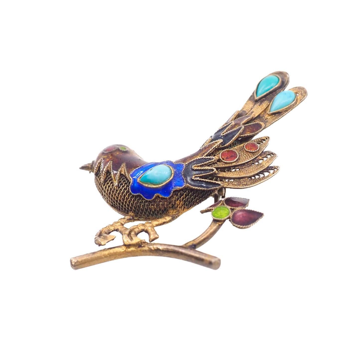 Vintage 1940s Cannetille Vermeil, Blue Turquoise, and Enamel Chinese Export Bird Brooch
