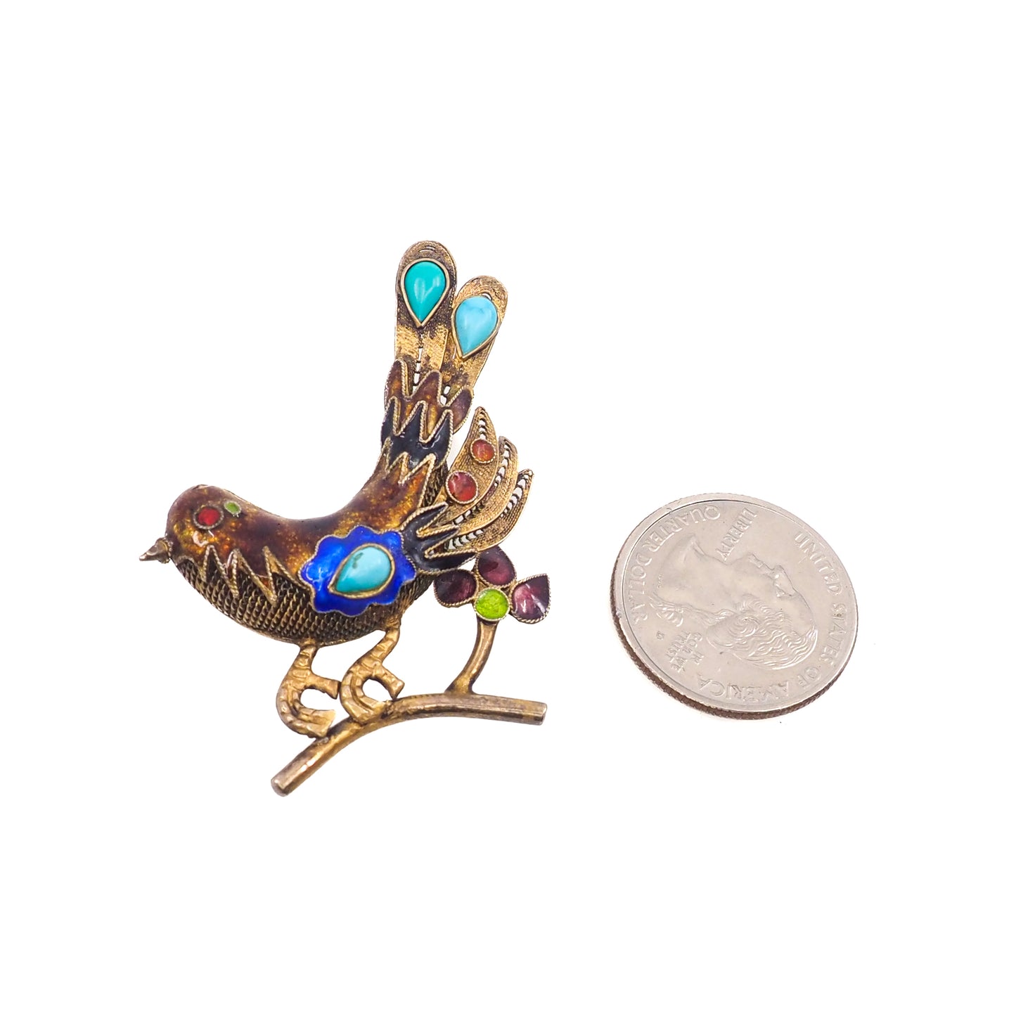 Vintage 1940s Cannetille Vermeil, Blue Turquoise, and Enamel Chinese Export Bird Brooch