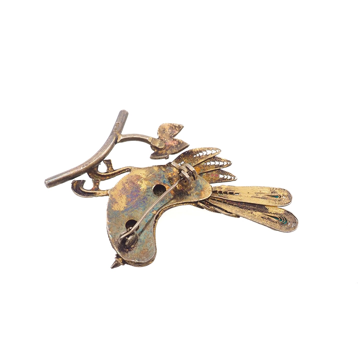 Vintage 1940s Cannetille Vermeil, Blue Turquoise, and Enamel Chinese Export Bird Brooch