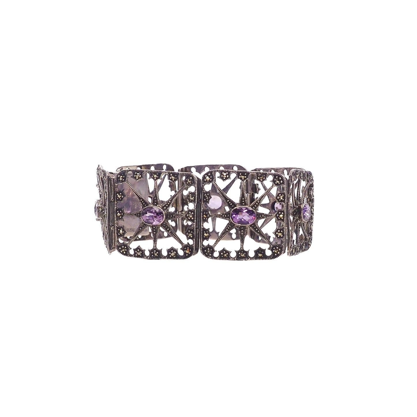 Antique 1900s Oval Cut Amethyst, Marcasite, Sterling Starburst Large Link 6.75" Bracelet
