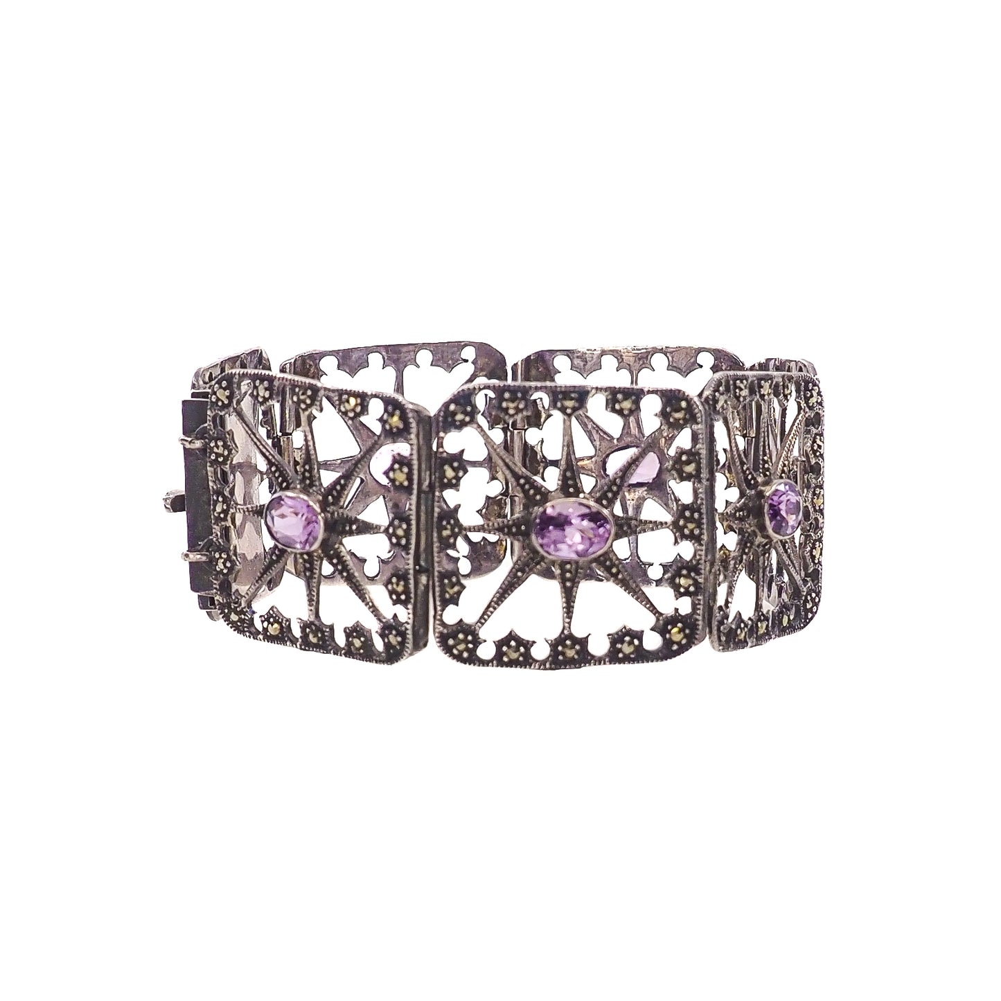 Antique 1900s Oval Cut Amethyst, Marcasite, Sterling Starburst Large Link 6.75" Bracelet