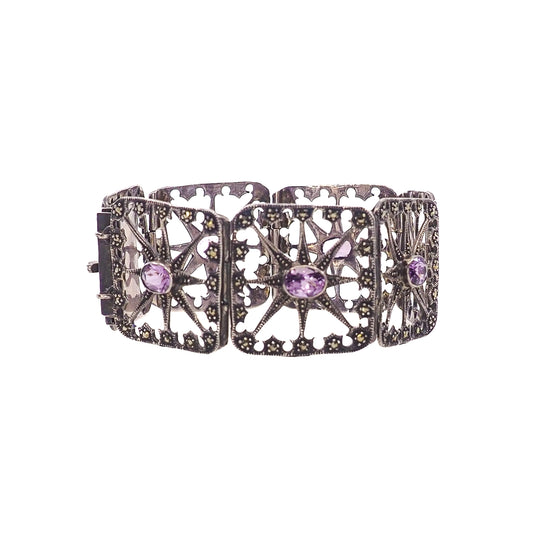 Antique 1900s Oval Cut Amethyst, Marcasite, Sterling Starburst Large Link 6.75" Bracelet