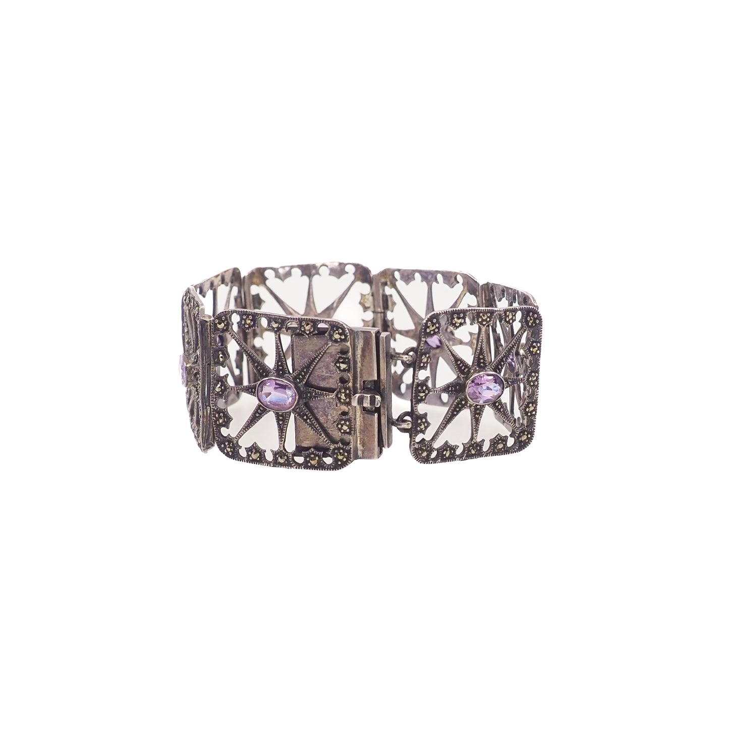 Antique 1900s Oval Cut Amethyst, Marcasite, Sterling Starburst Large Link 6.75" Bracelet