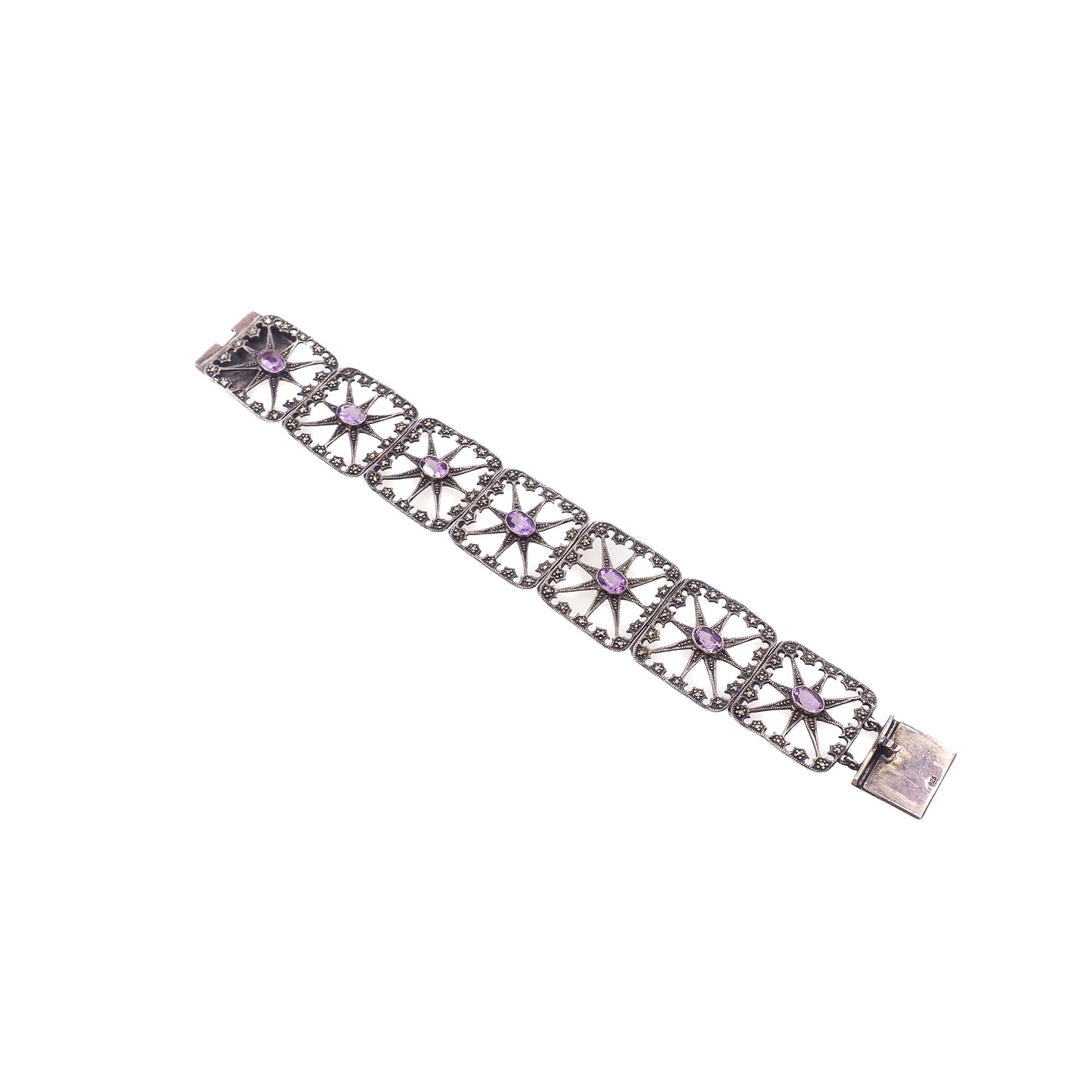 Antique 1900s Oval Cut Amethyst, Marcasite, Sterling Starburst Large Link 6.75" Bracelet