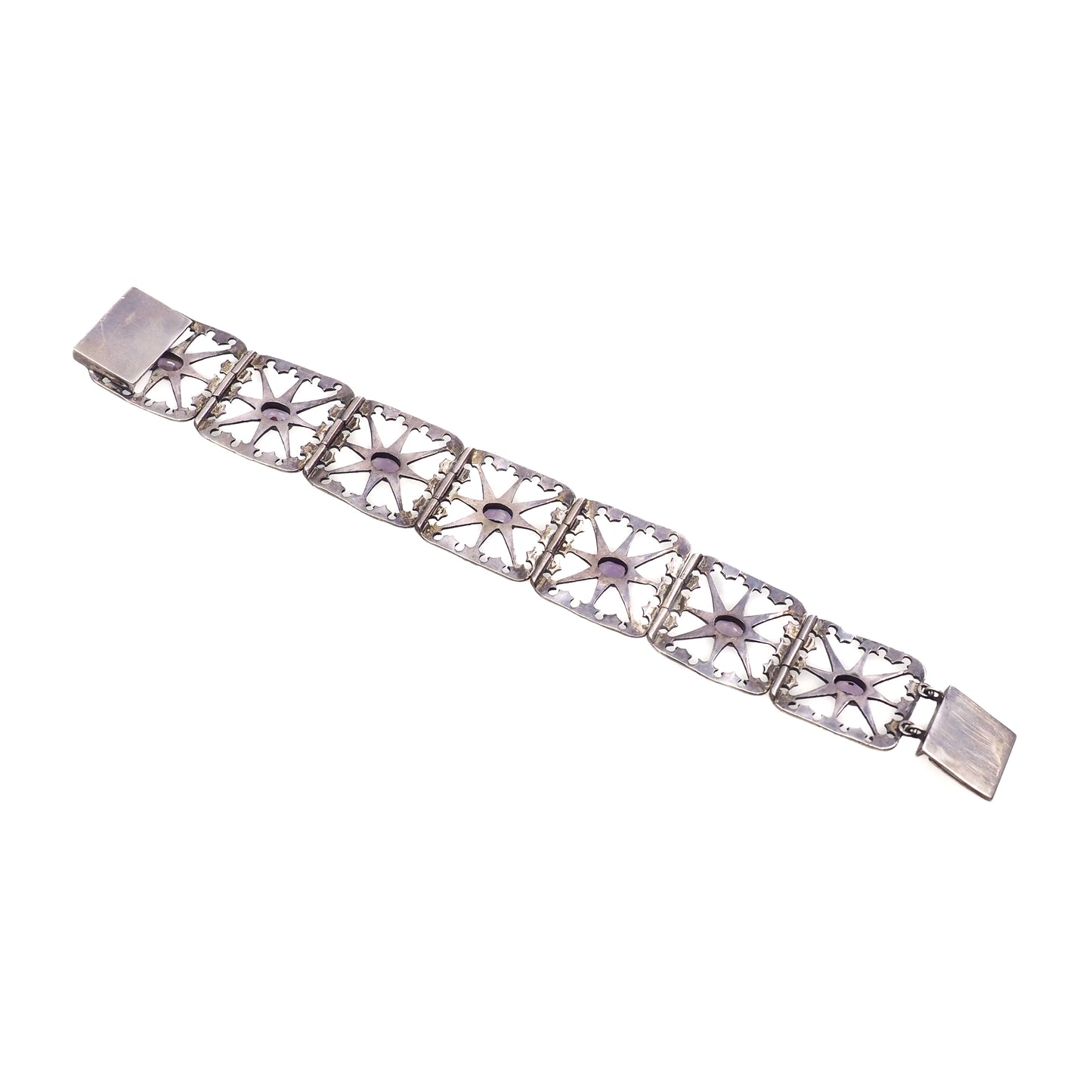 Antique 1900s Oval Cut Amethyst, Marcasite, Sterling Starburst Large Link 6.75" Bracelet