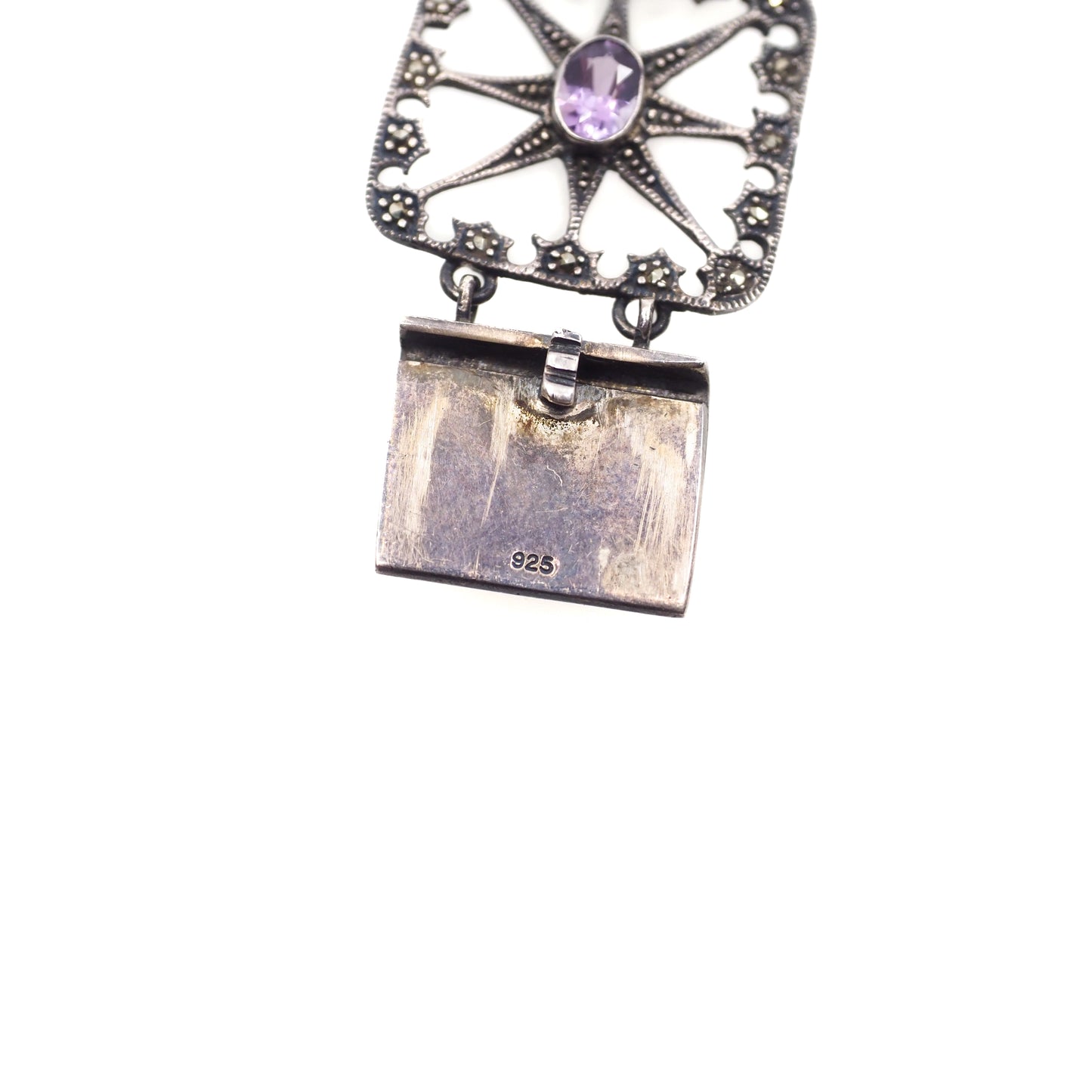 Antique 1900s Oval Cut Amethyst, Marcasite, Sterling Starburst Large Link 6.75" Bracelet