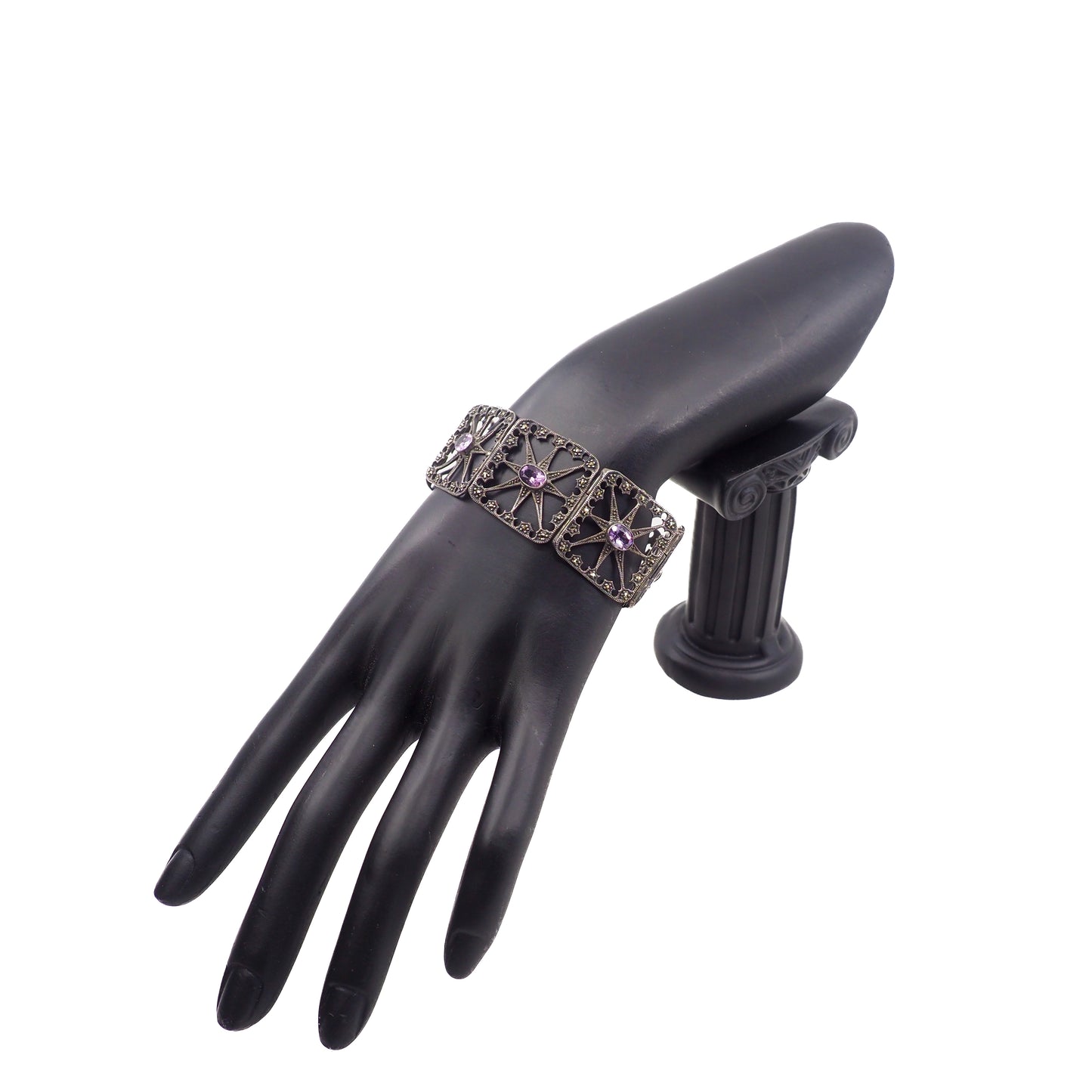 Antique 1900s Oval Cut Amethyst, Marcasite, Sterling Starburst Large Link 6.75" Bracelet