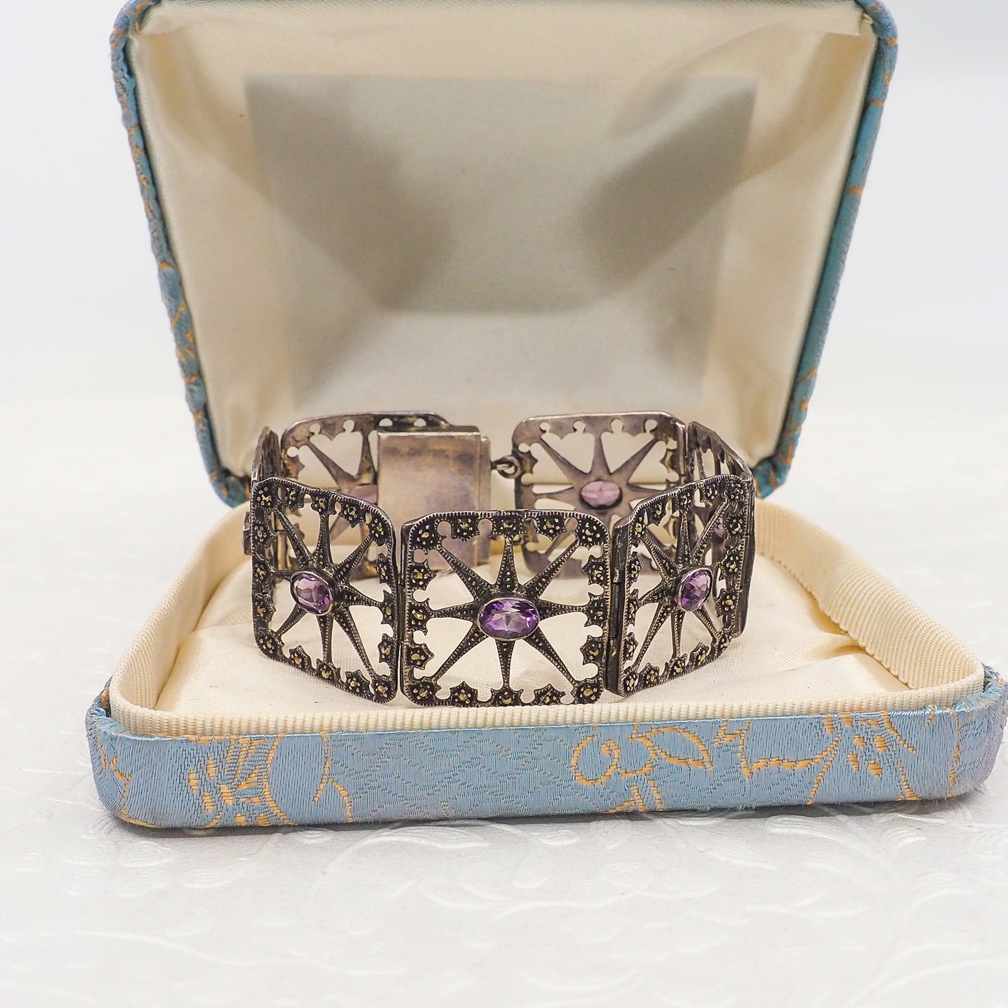 Antique 1900s Oval Cut Amethyst, Marcasite, Sterling Starburst Large Link 6.75" Bracelet