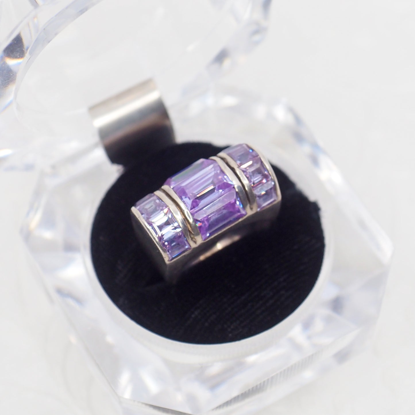 Vintage 1990s Purple Leaded Glass and Sterling Silver Statement Ring Size 6