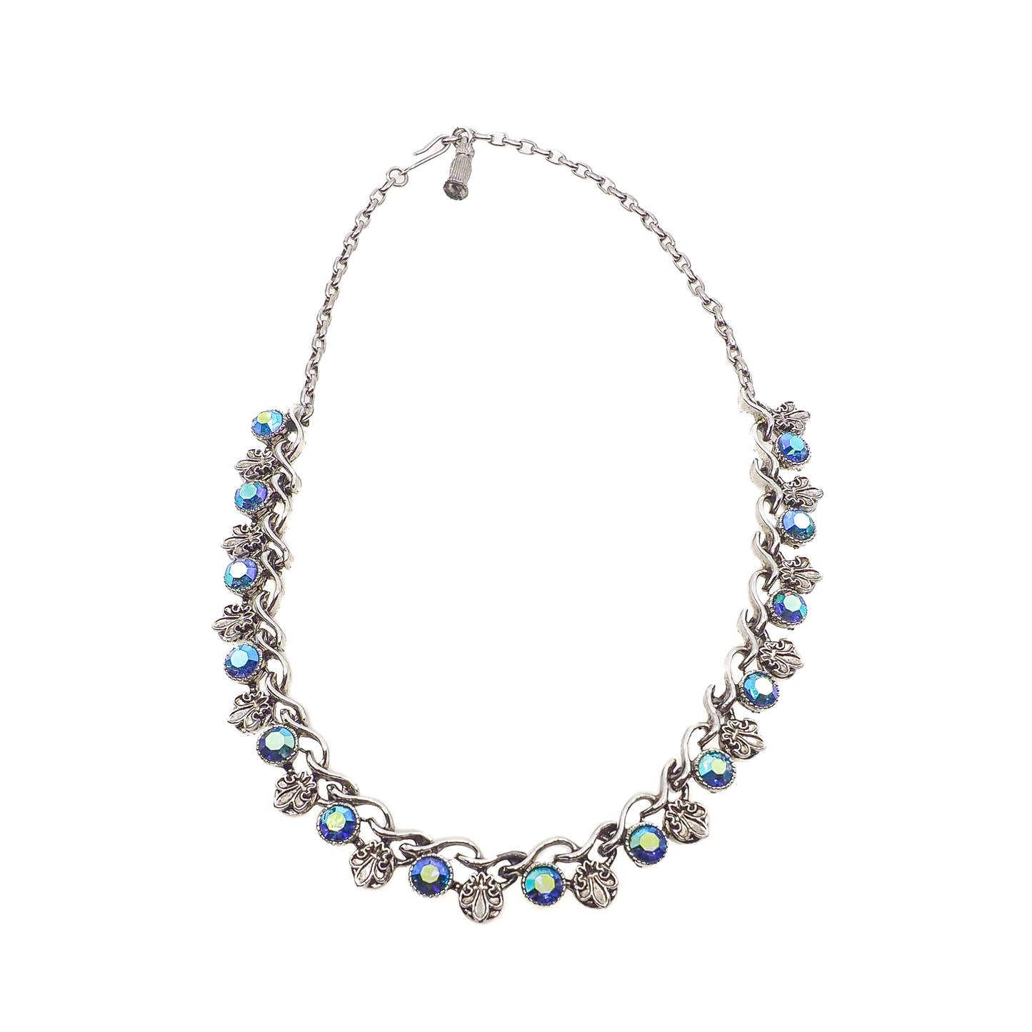 Vintage 1960s Aurora Borealis Blue and Silver Plate Fleur de Leis Choker 17.5" Necklace