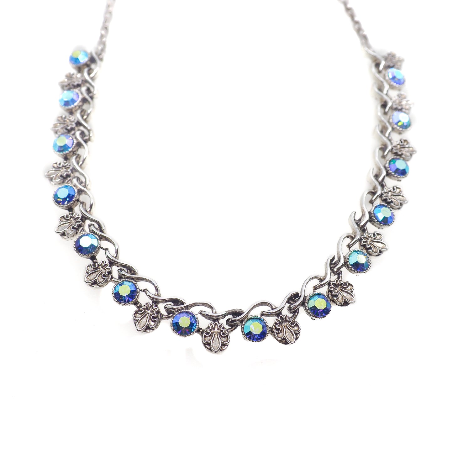 Vintage 1960s Aurora Borealis Blue and Silver Plate Fleur de Leis Choker 17.5" Necklace