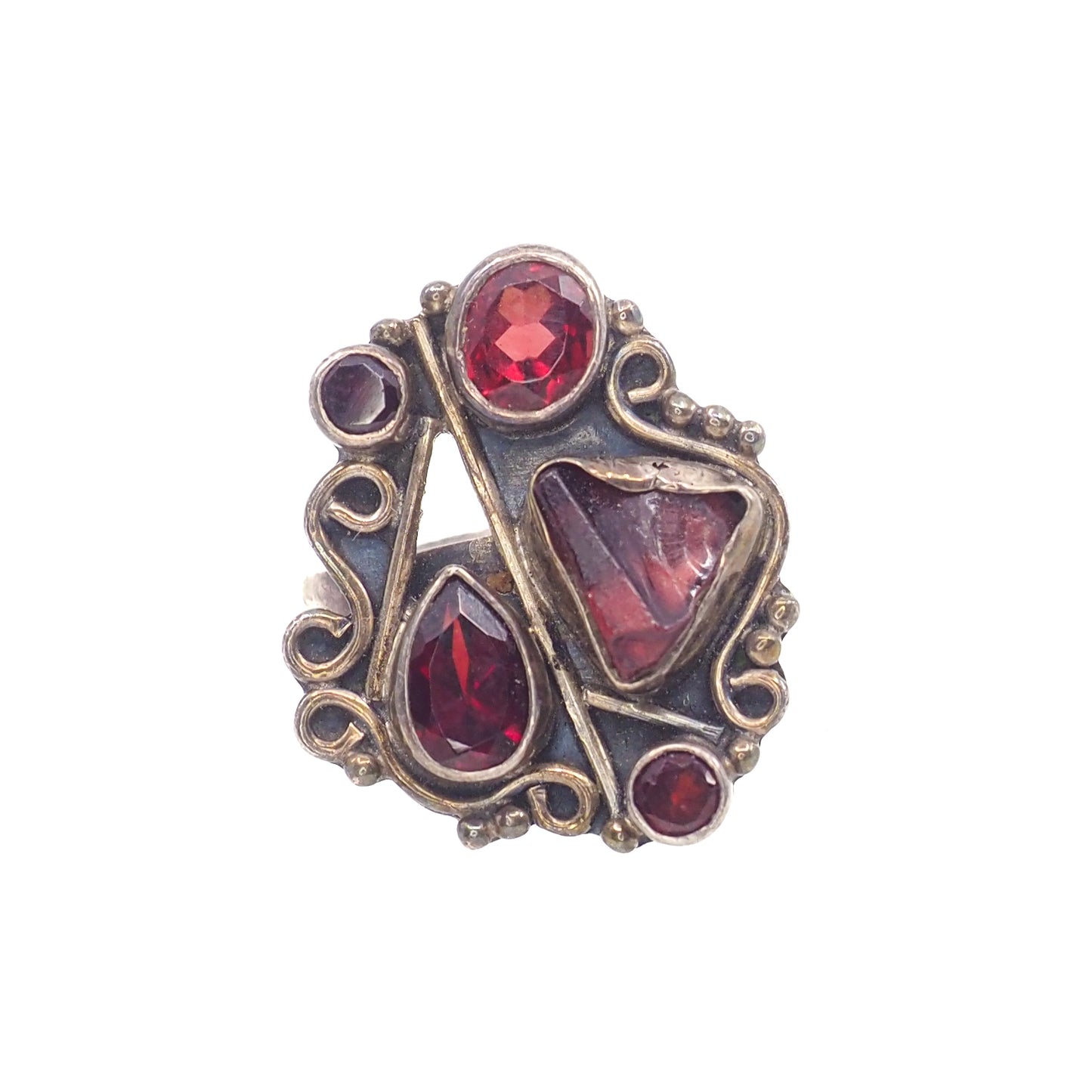 Vintage 2000s Faceted and Rough Pyrope Garnet and Sterling Silver Ring Size 8