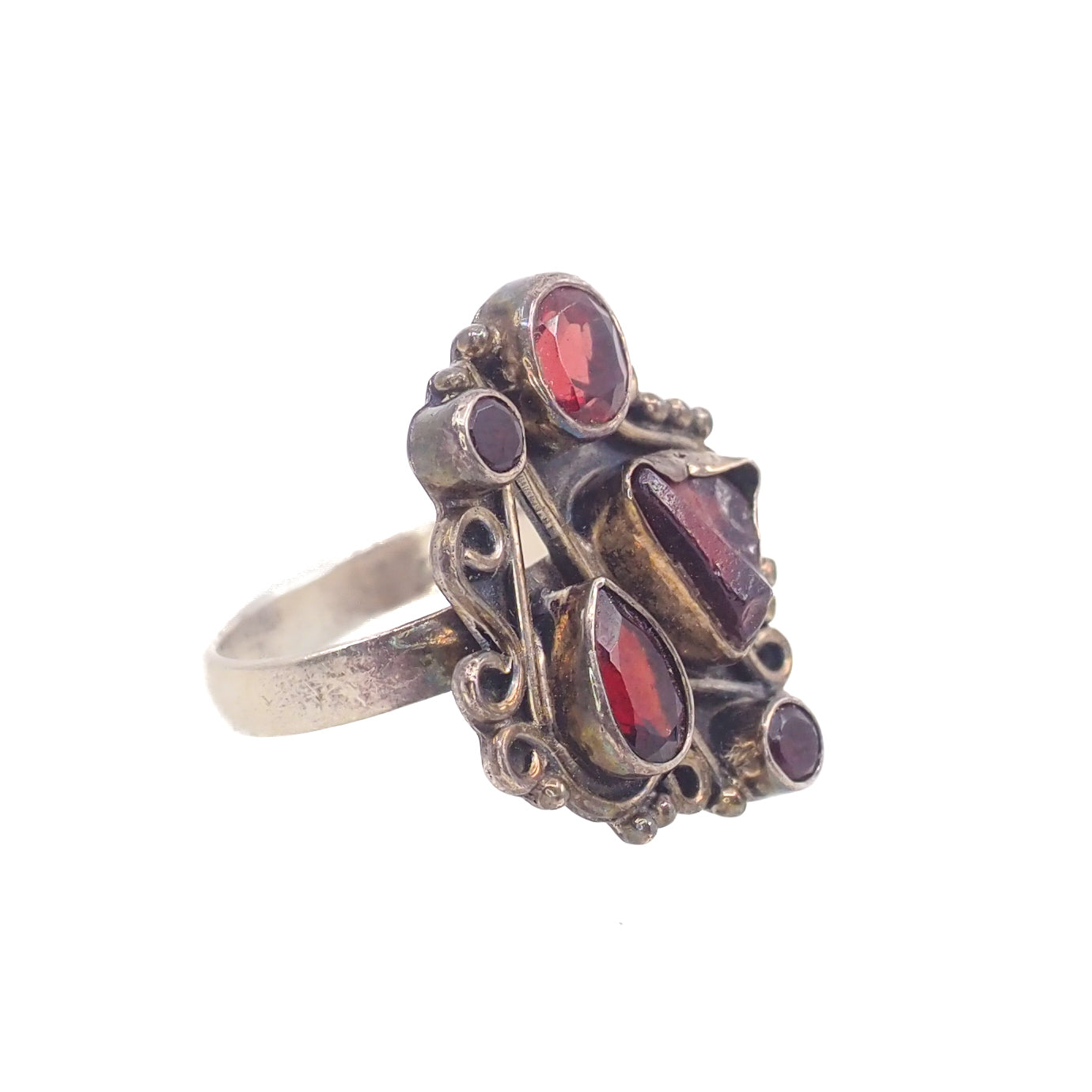 Vintage 2000s Faceted and Rough Pyrope Garnet and Sterling Silver Ring Size 8