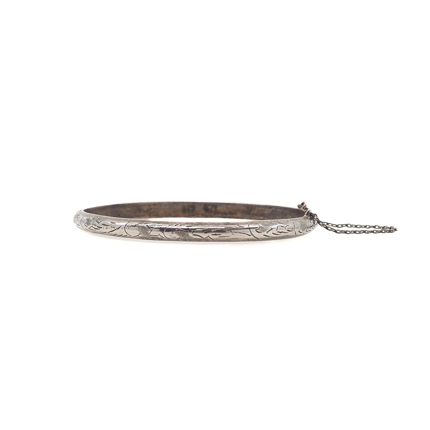 Vintage 1970s Sterling Silver Etched Safety Chain Bangle Hinged 7.25" Bracelet