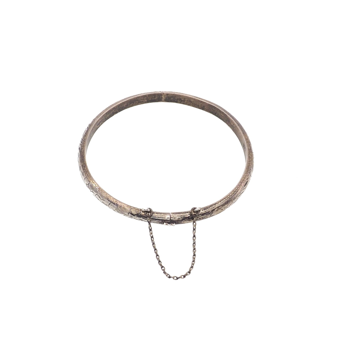 Vintage 1970s Sterling Silver Etched Safety Chain Bangle Hinged 7.25" Bracelet