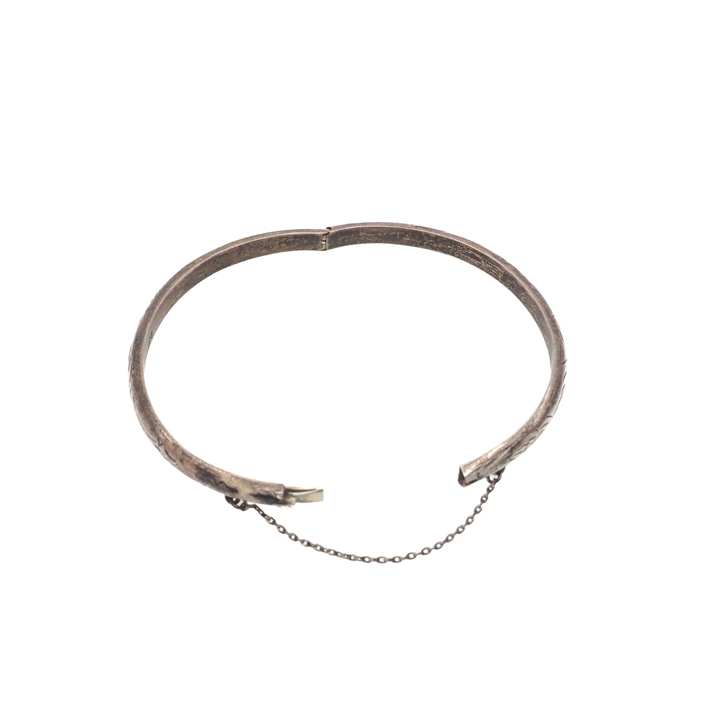 Vintage 1970s Sterling Silver Etched Safety Chain Bangle Hinged 7.25" Bracelet