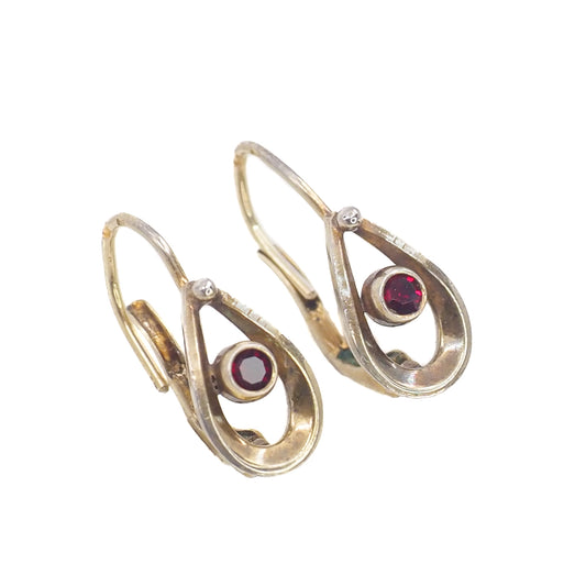 Vintage 1980s Bohemian Red Czech Garnet and 900 Silver Gold Wash Pierced Small Drop Earrings
