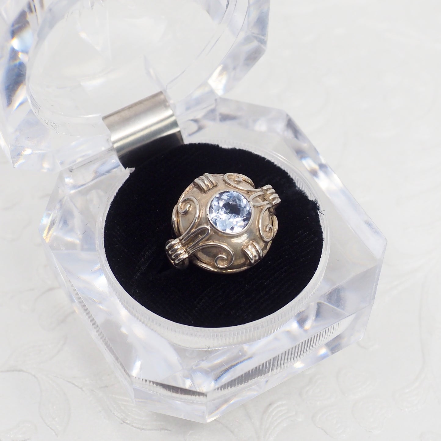 Vintage 1940s Retro Art Deco Light Blue Glass and 835 Silver Solitaire Ring Size 6.75