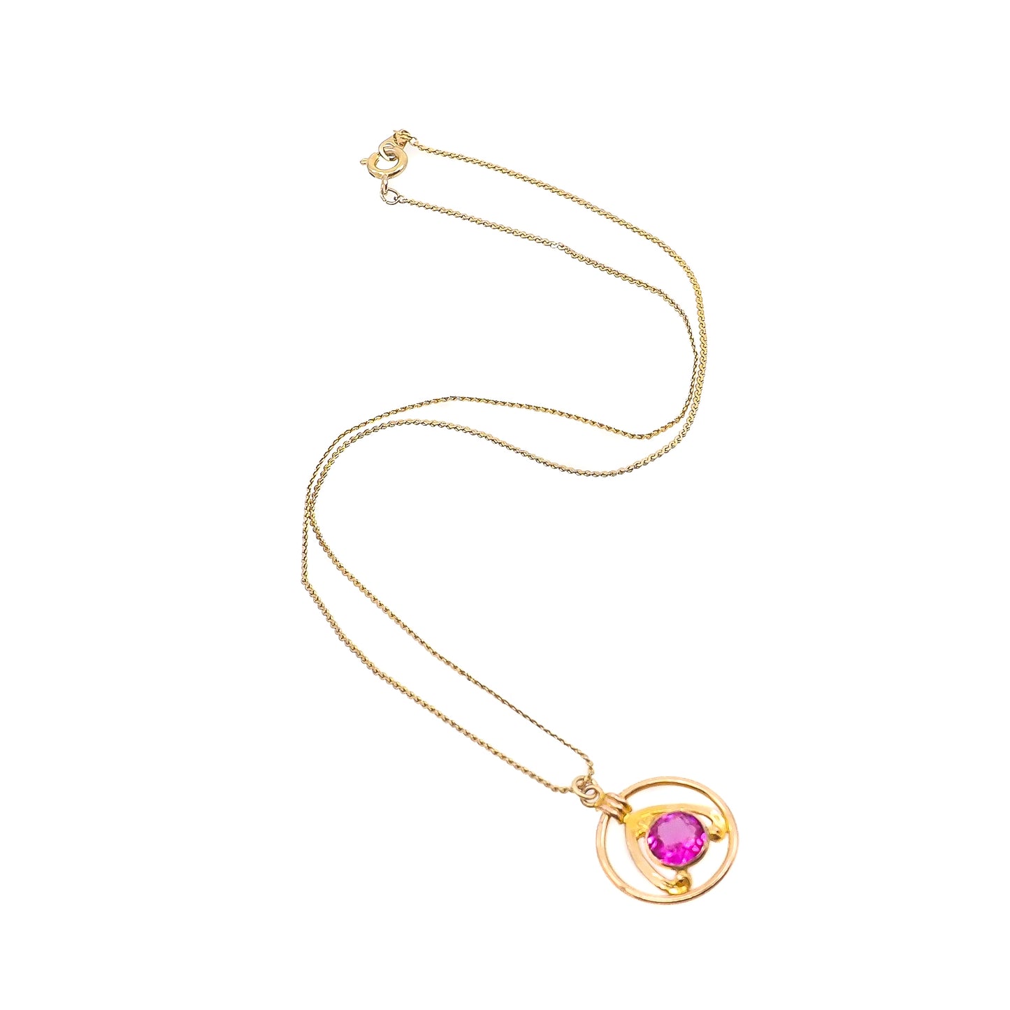 Vintage 1970s Pink Glass and Yellow Gold Filled Pendant 18" Necklace