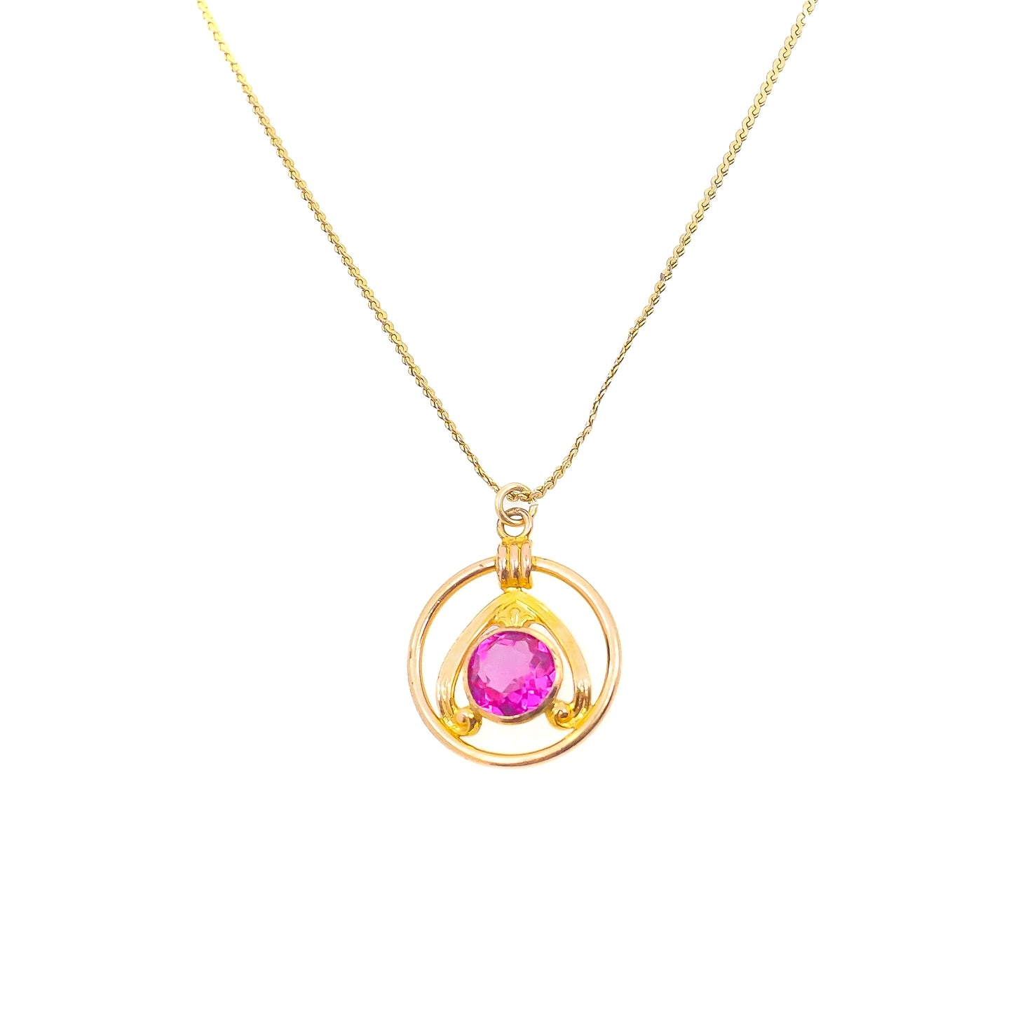 Vintage 1970s Pink Glass and Yellow Gold Filled Pendant 18" Necklace