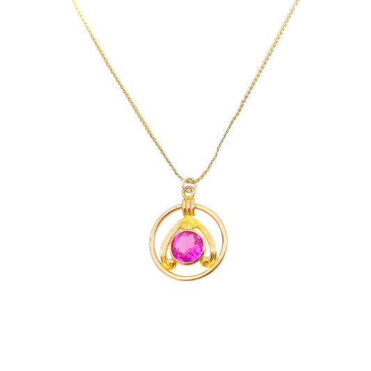 Vintage 1970s Pink Glass and Yellow Gold Filled Pendant 18" Necklace