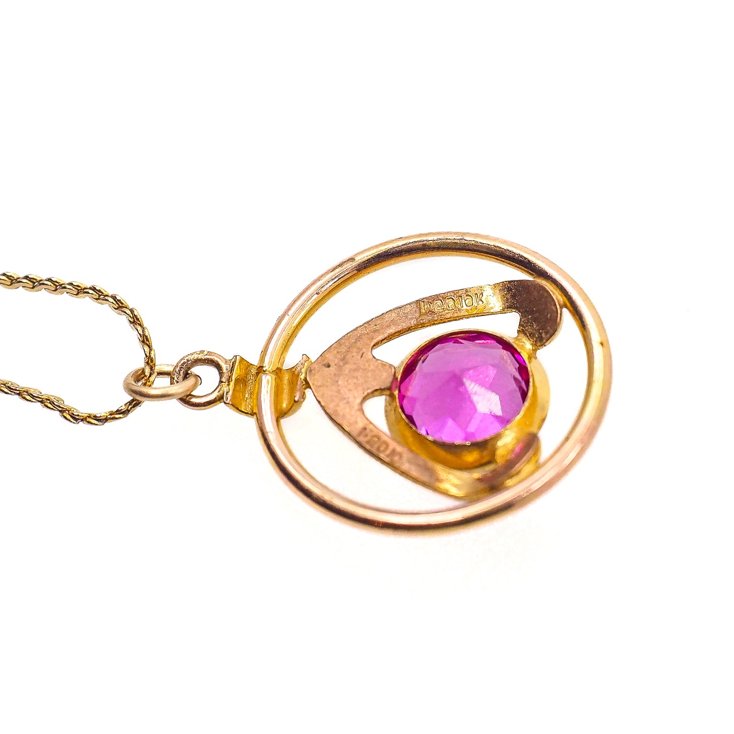 Vintage 1970s Pink Glass and Yellow Gold Filled Pendant 18" Necklace