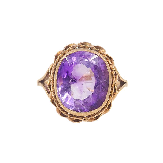 Antique Late Victorian 1880s Etruscan Revival Oval Cut 6.66ct Amethyst 14k Yellow Gold and Amethyst Solitaire Ring Size 7.5