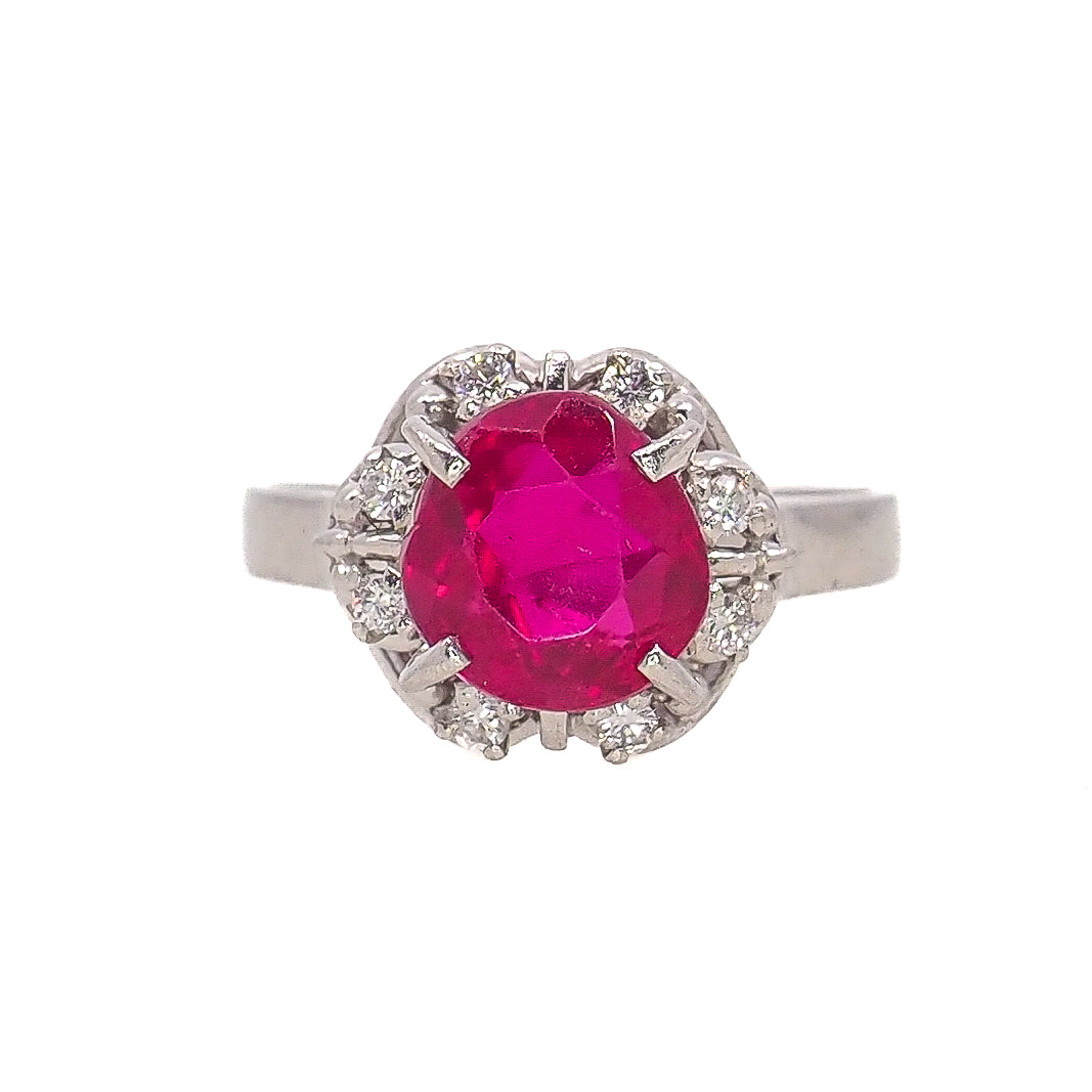 Vintage 1950s Round Cut Lab Ruby, Diamond, and Platinum Halo Ring Size 5.25 - 50s Mid Century Lab Ruby and Diamond Ring - Red Gem Ring