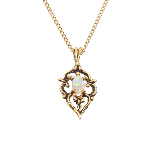 Vintage 1970s White Opal and Gold Filled Scroll Pendant 18" Necklace