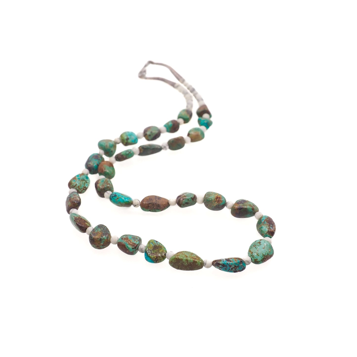 Vintage 1970s Blue and Green Turquoise Nugget, Howlite, and Sterling Silver Bead 23" Necklace
